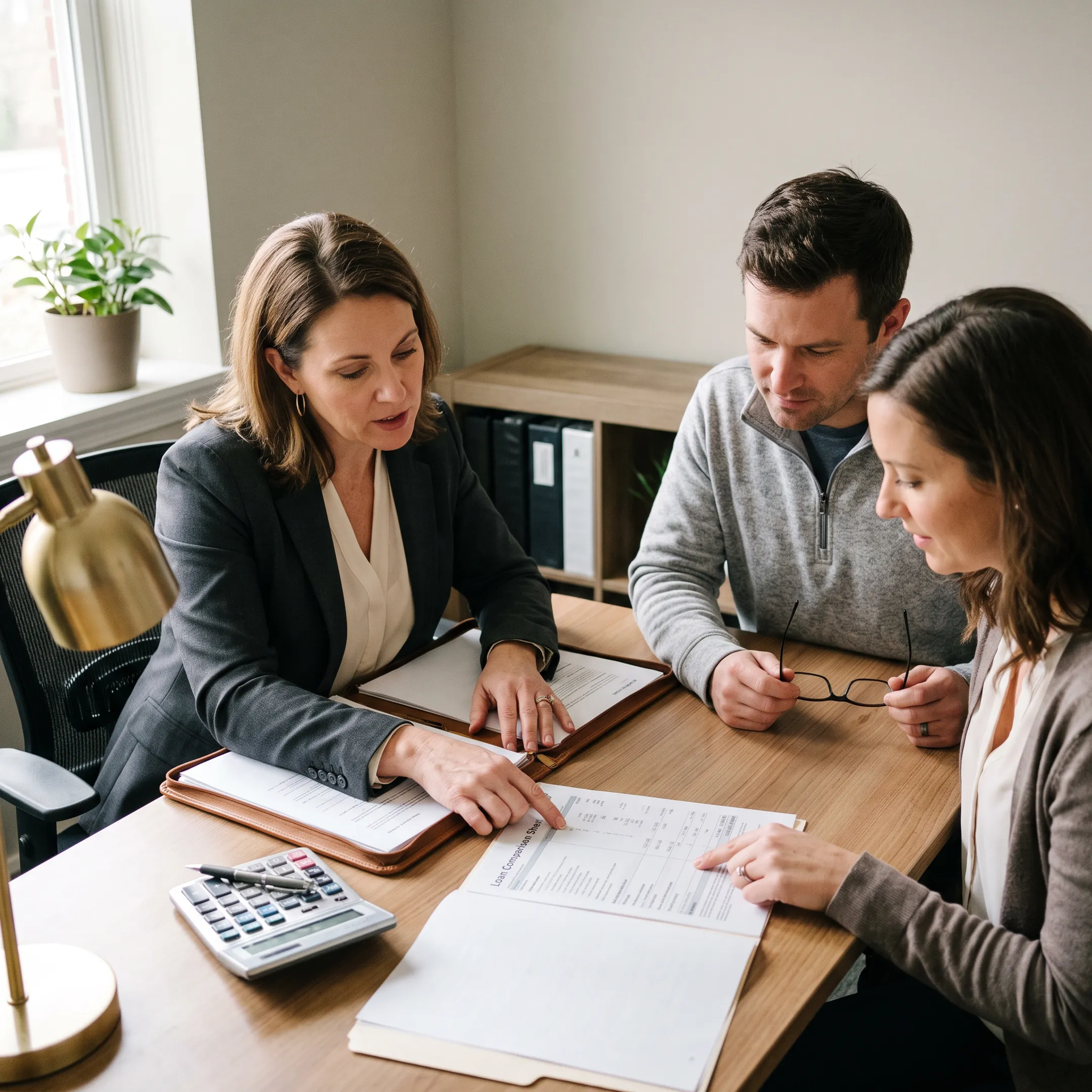 Mortgage professional reviewing refinance costs and loan documents with homeowners