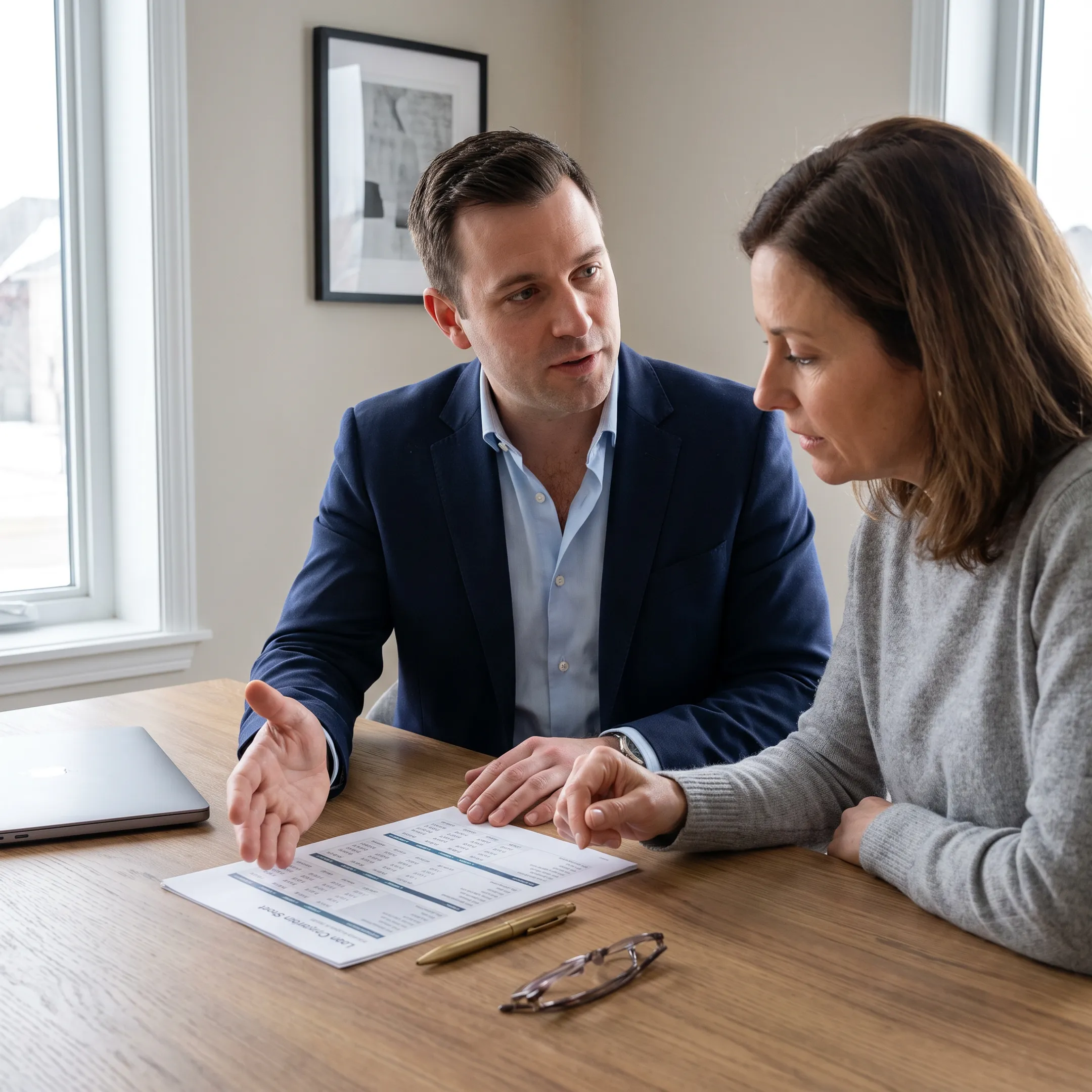 Advisor explaining mortgage refinance fees and loan comparisons