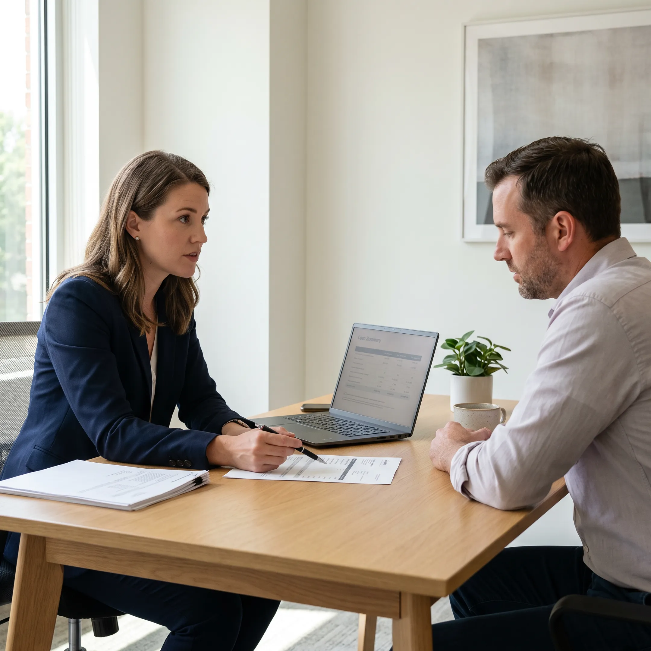 Mortgage professional explaining Atlanta loan options to a homeowner