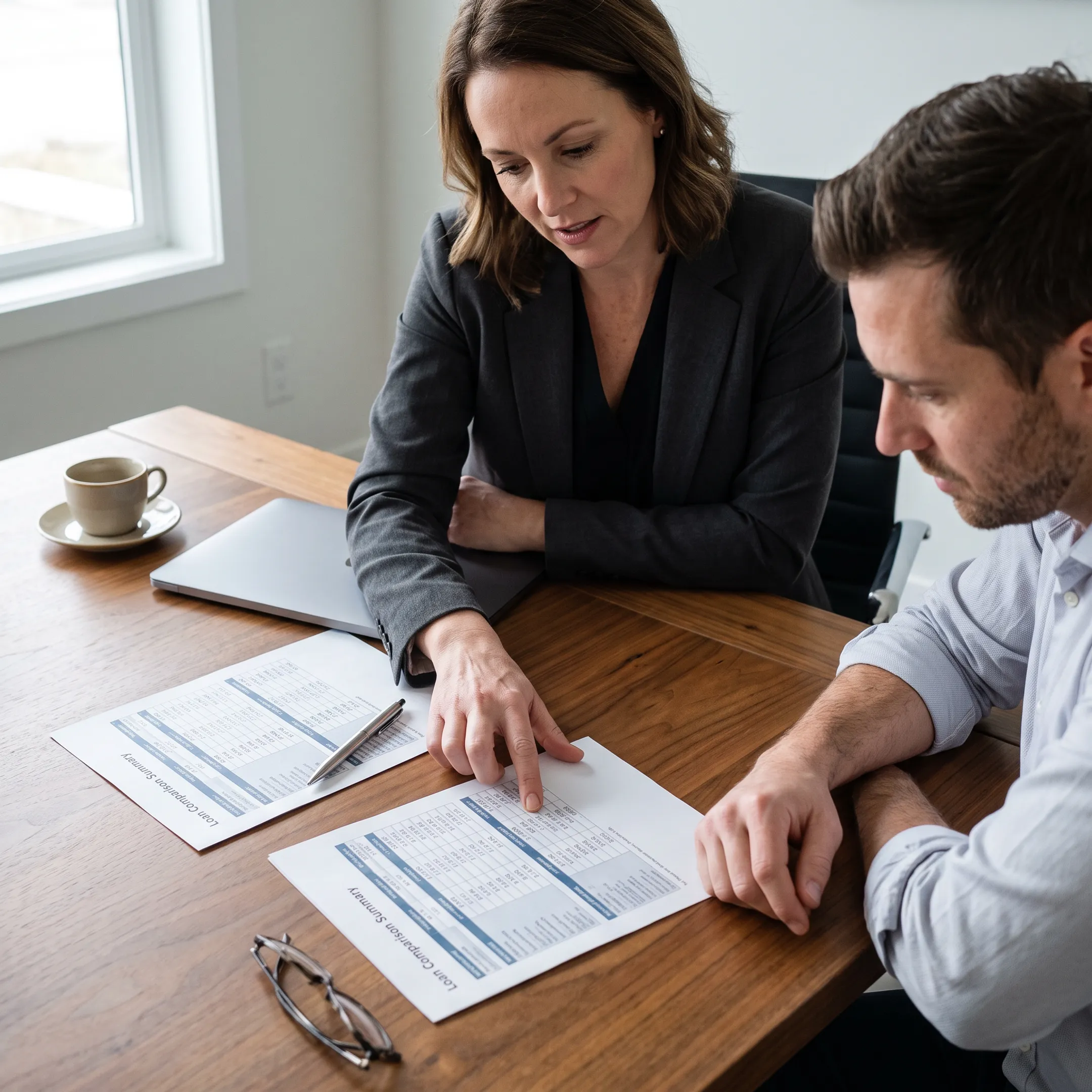 Advisor comparing mortgage choices with a Tampa homebuyer