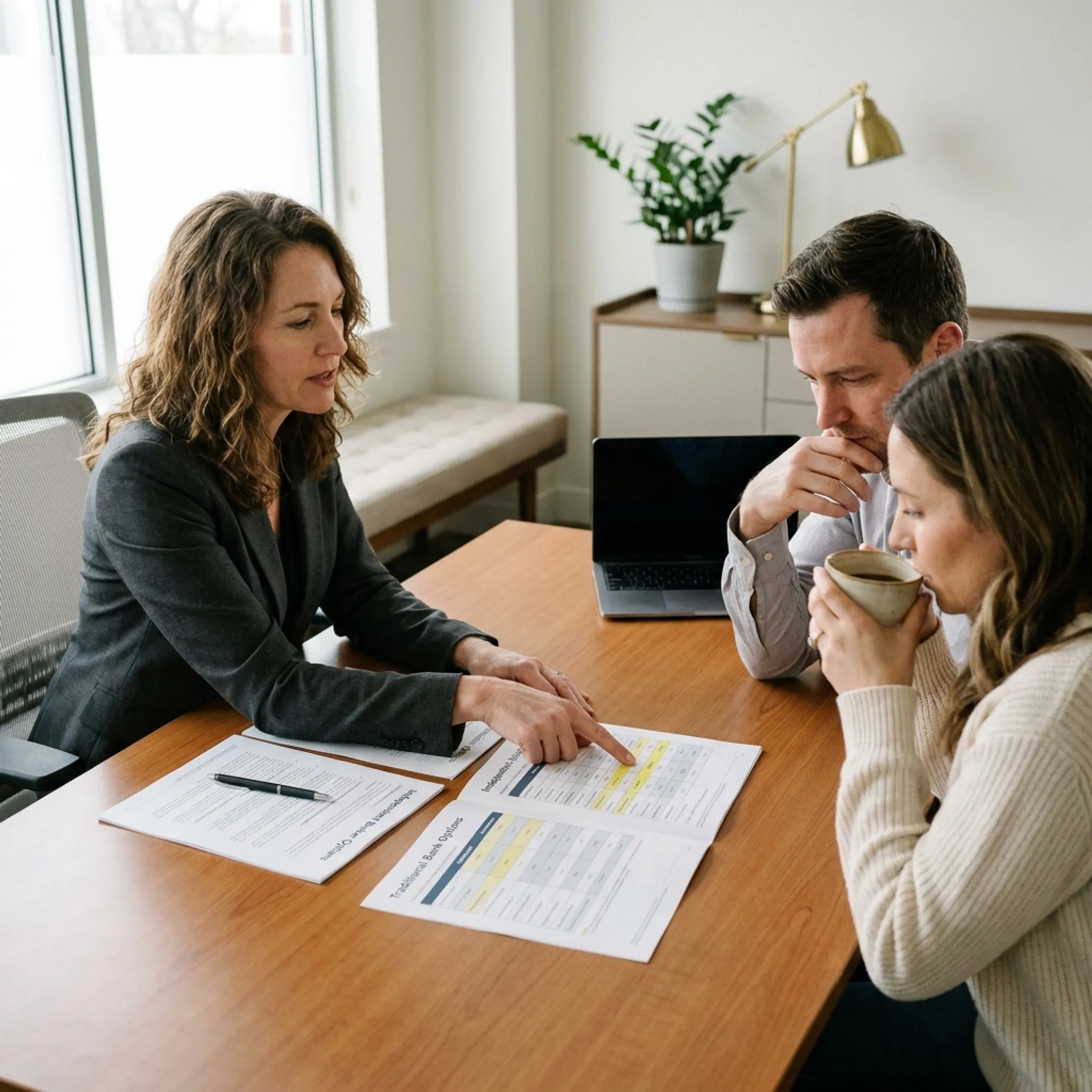 Advisor explaining mortgage comparison to a couple
