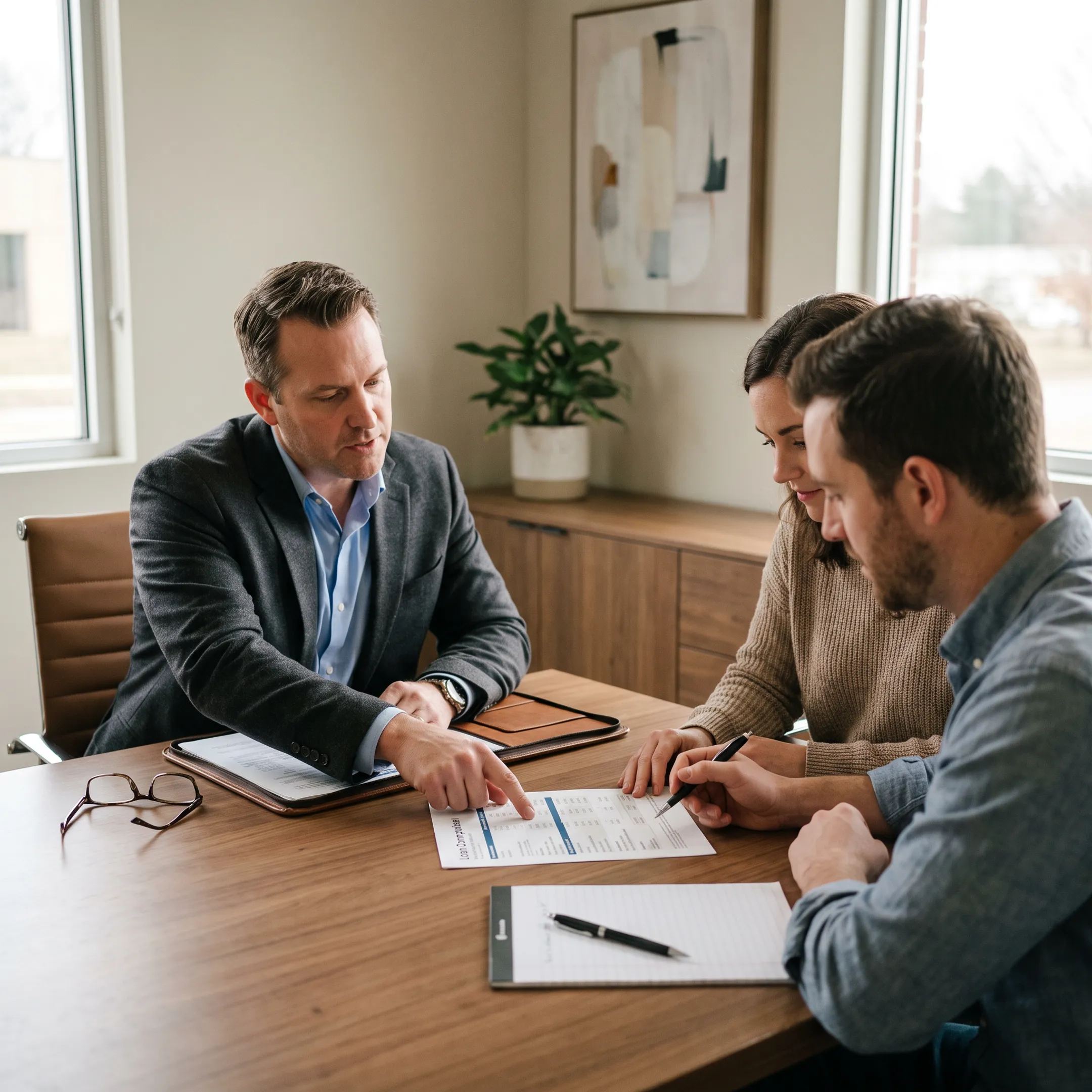 Mortgage professional comparing residential loan options with homebuyers