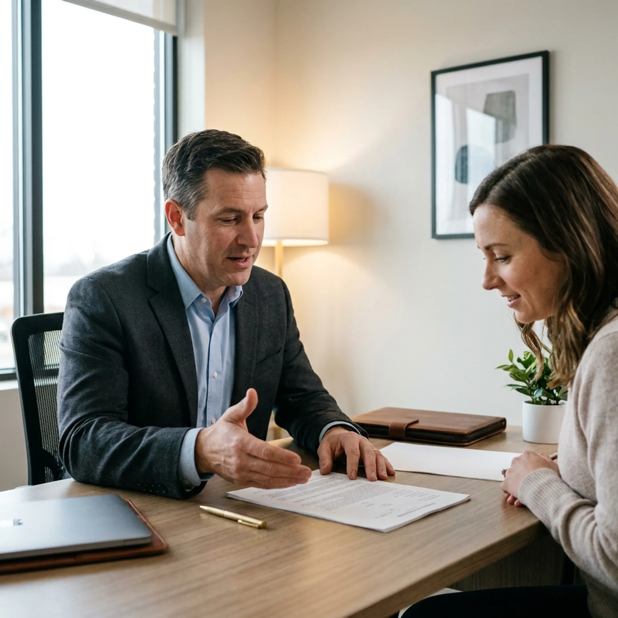 Mortgage advisor guiding buyer through a home loan application process
