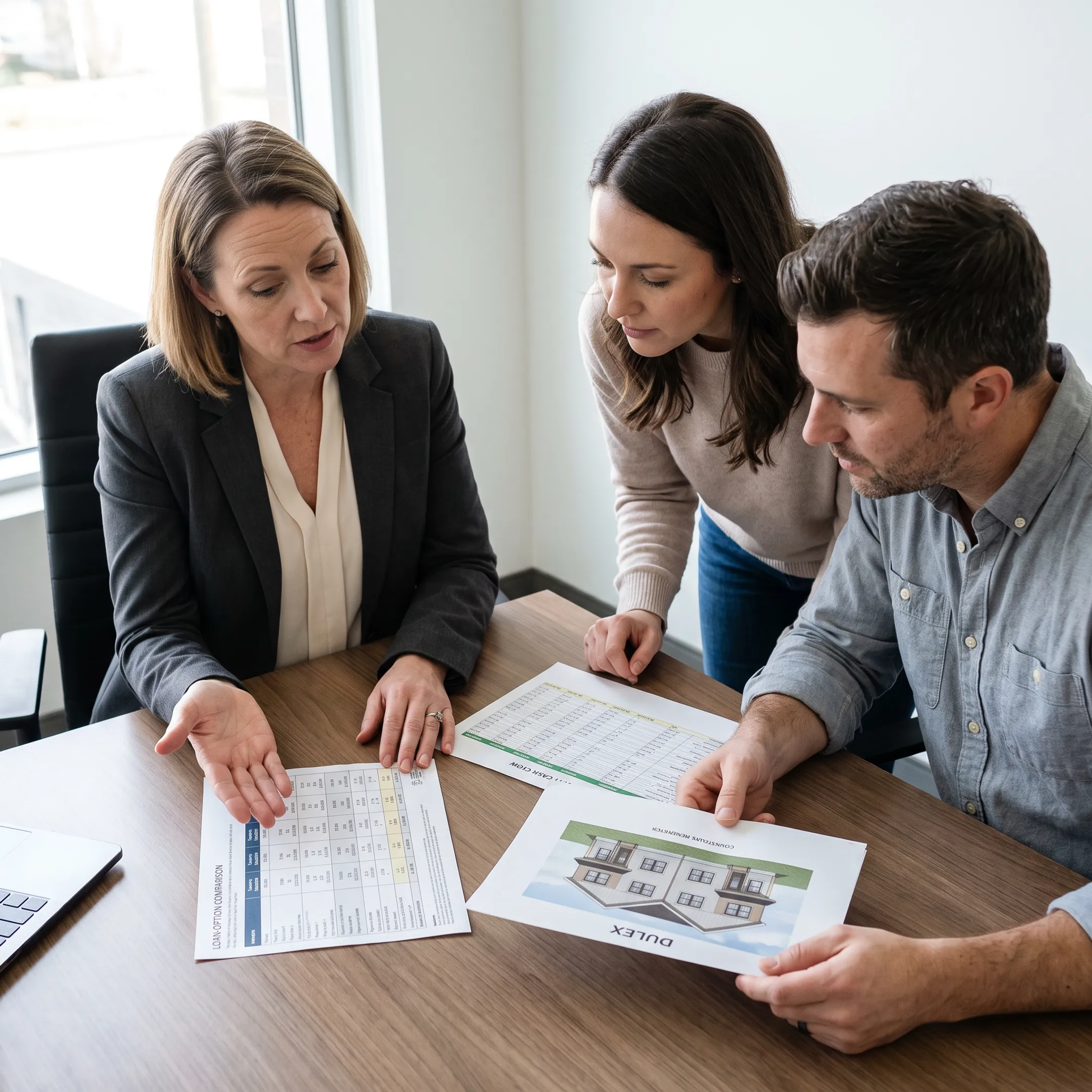 Mortgage advisor comparing construction and rental property loan options