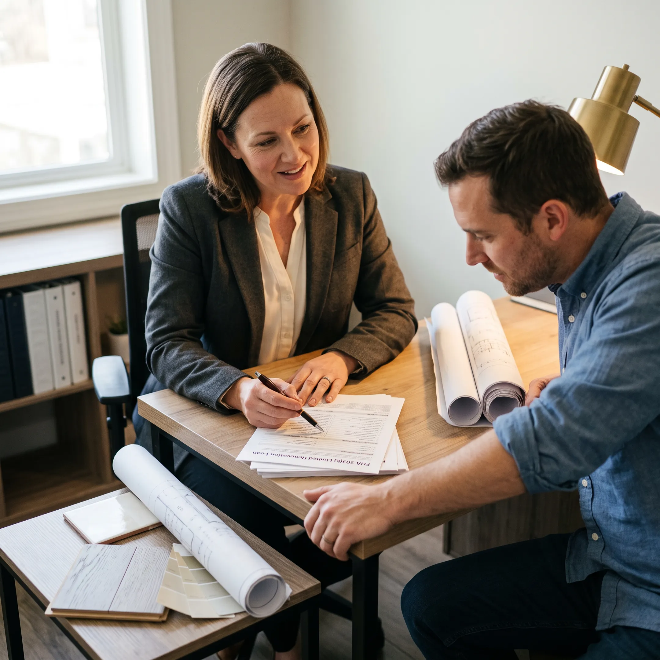 Mortgage professional reviewing FHA construction loan documents with a borrower