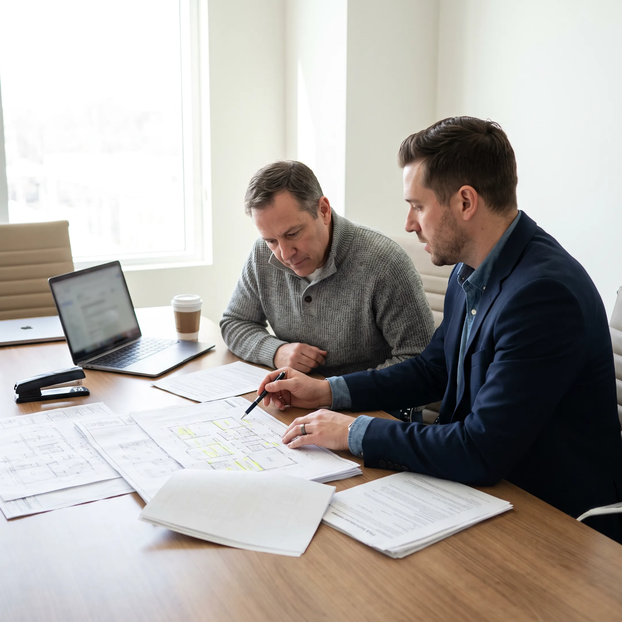 Borrower reviewing renovation financing plans with a mortgage advisor