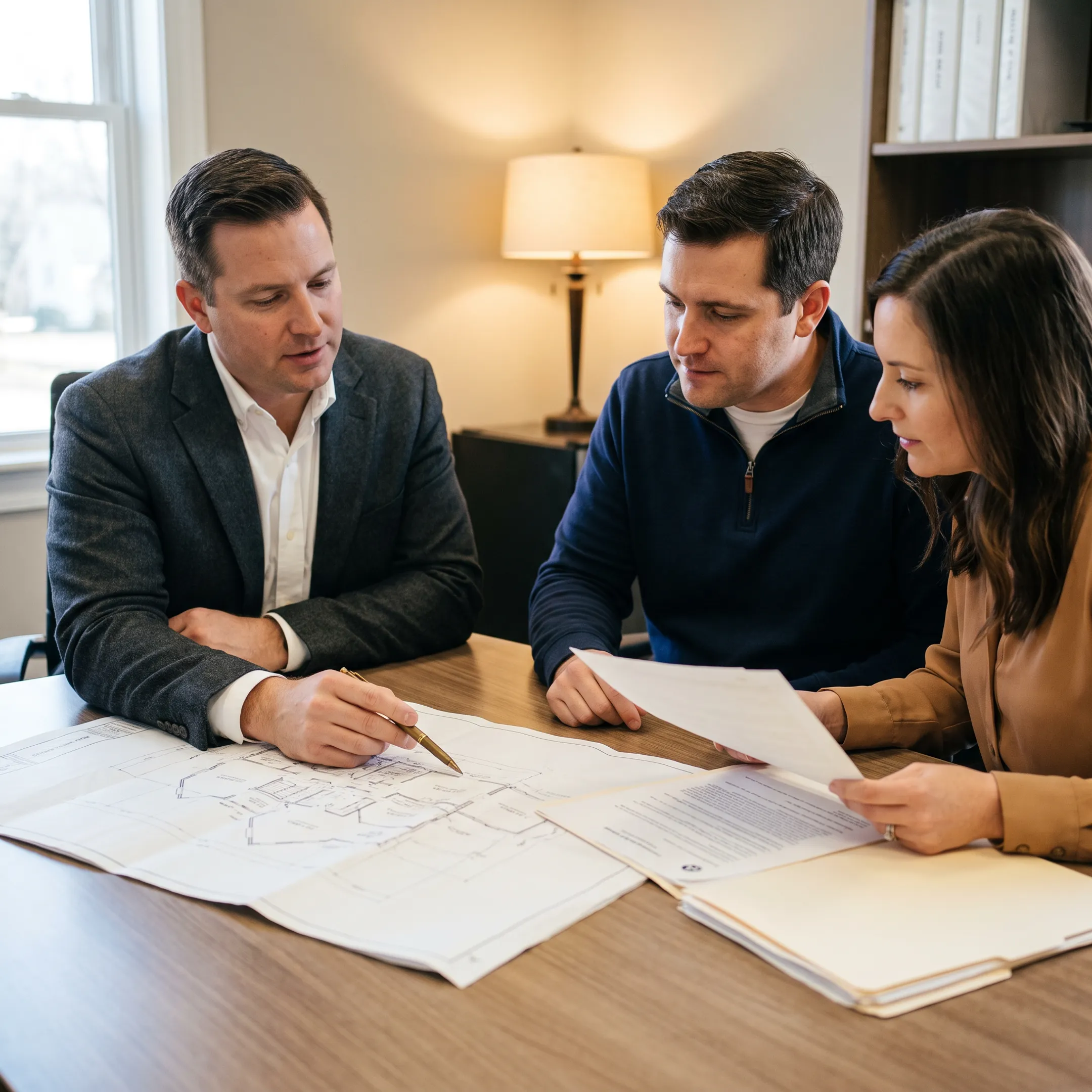 Advisor explaining VA construction financing options to a veteran couple