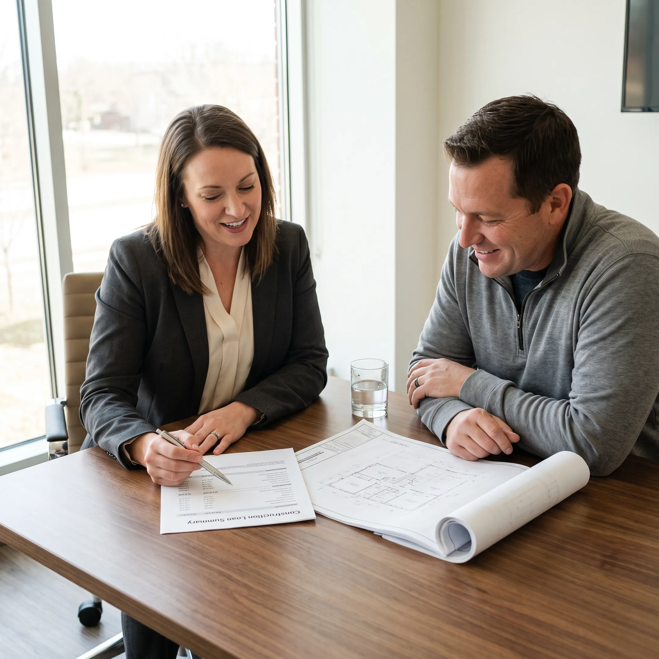 Mortgage professional reviewing VA construction financing documents with a veteran homebuyer