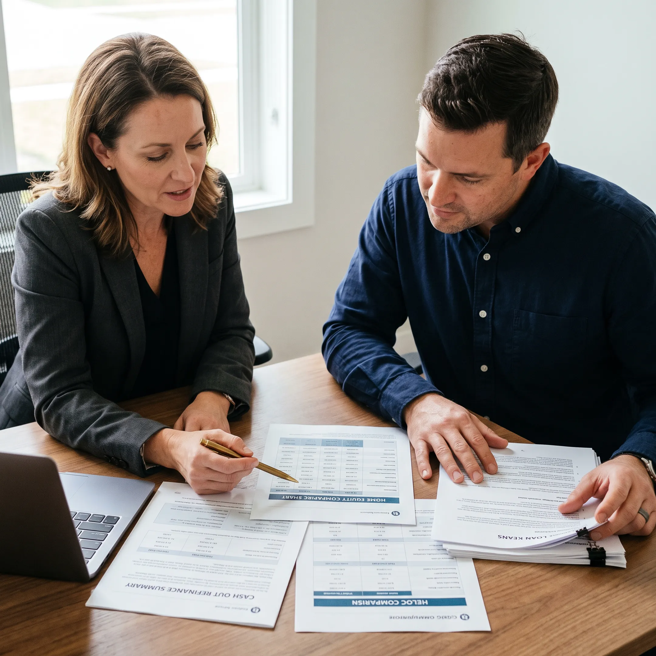 Homeowner reviewing cash-out refinance and HELOC options with a mortgage advisor