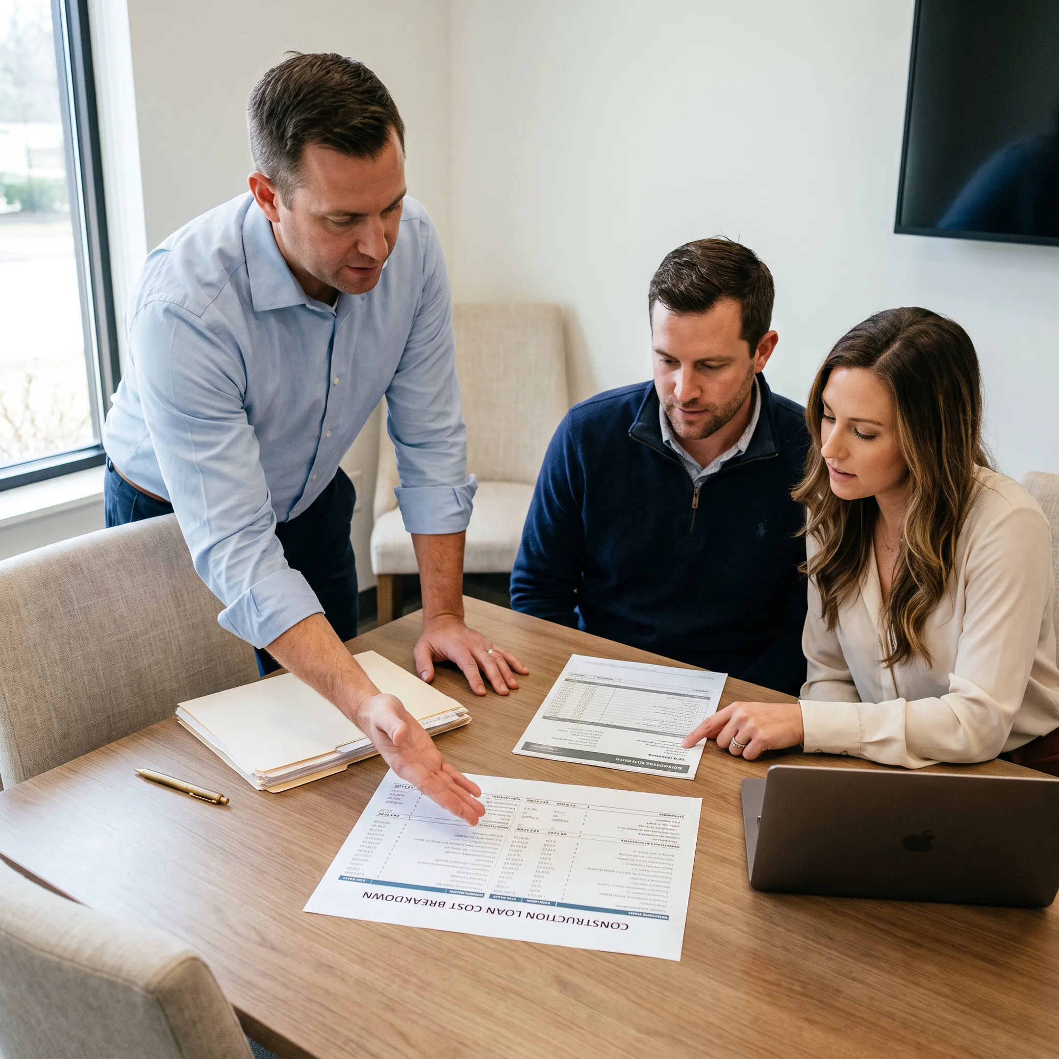 Borrowers reviewing construction loan costs with a mortgage professional
