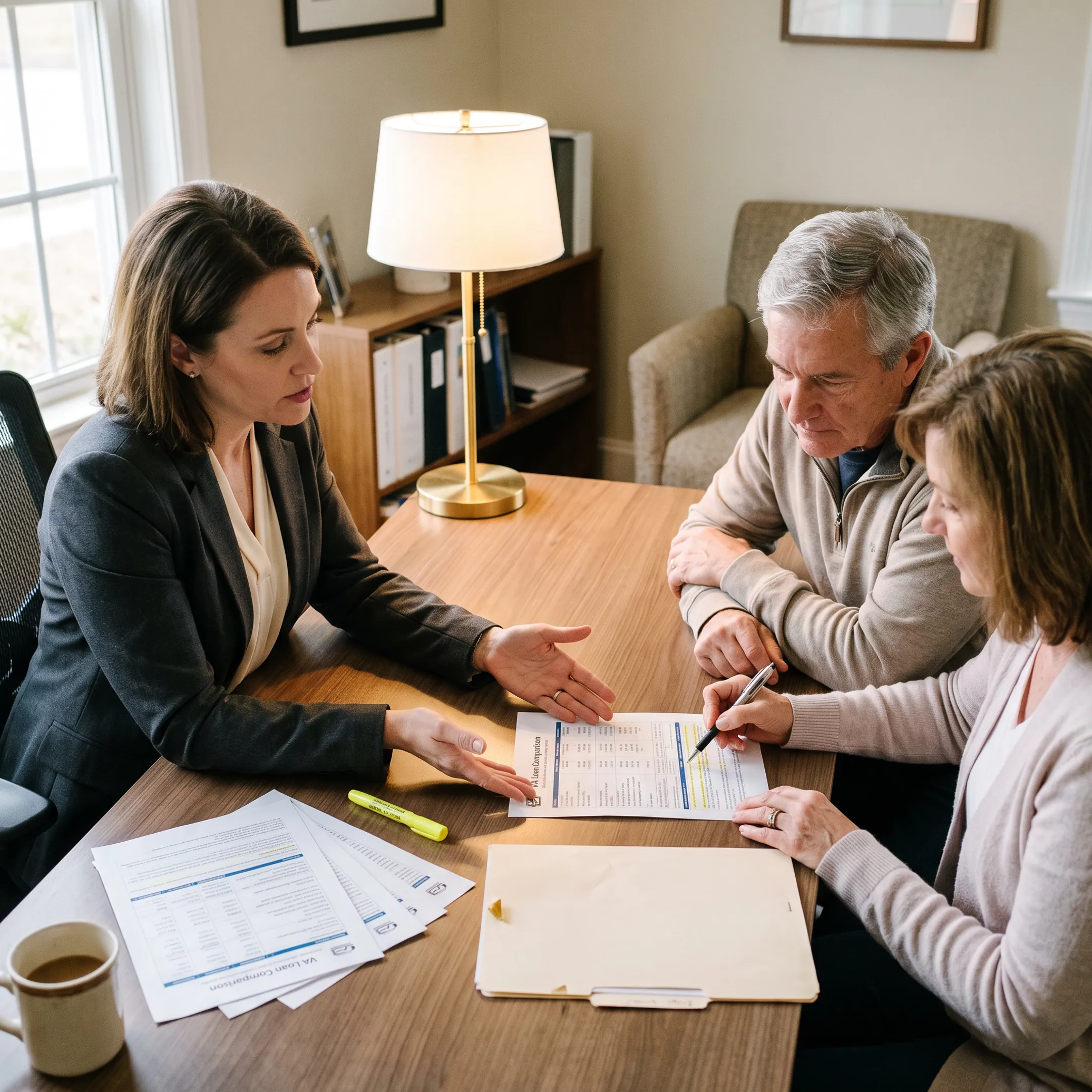 Advisor explaining VA mortgage comparison details to a veteran couple