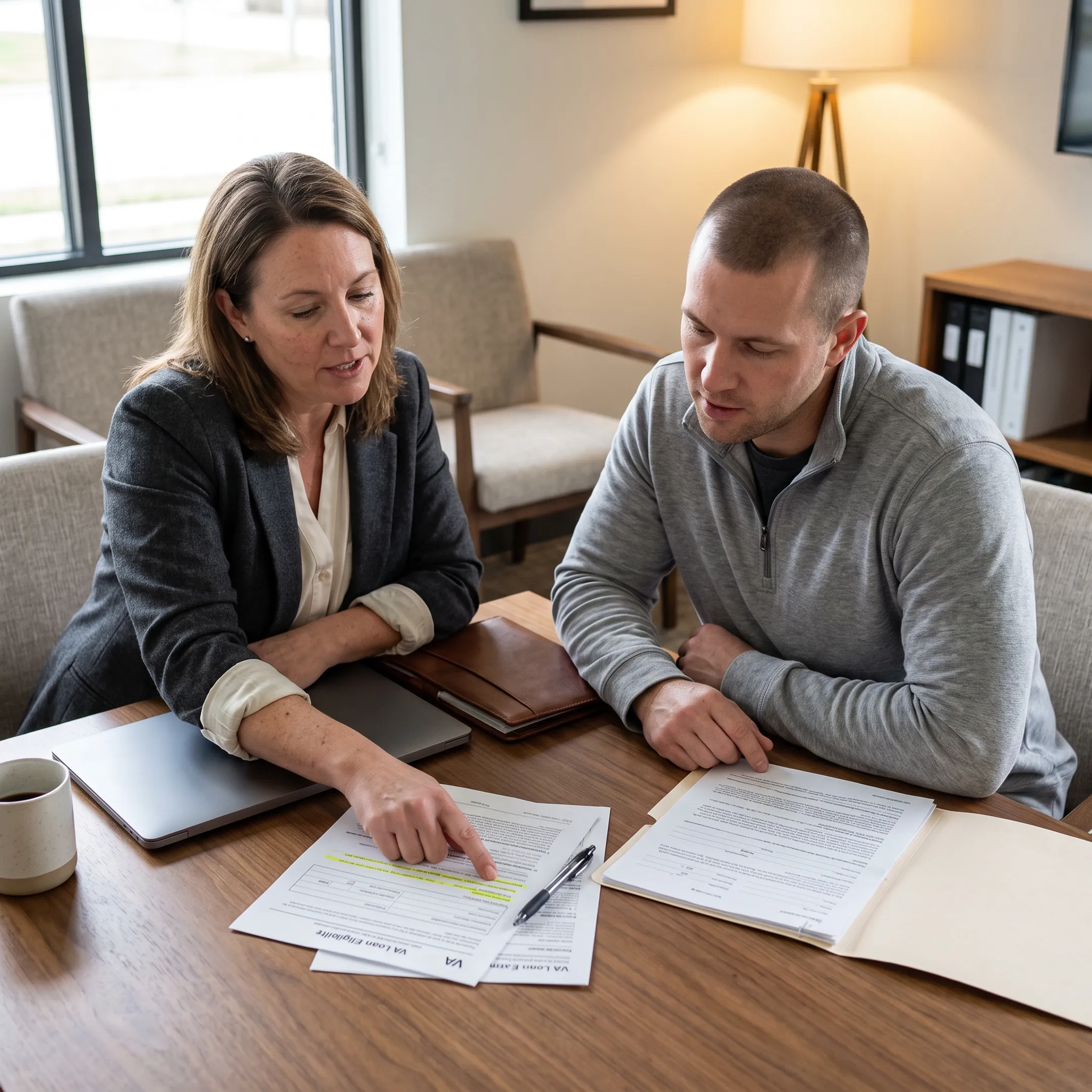 Mortgage professional reviewing VA loan documents with veteran homebuyer