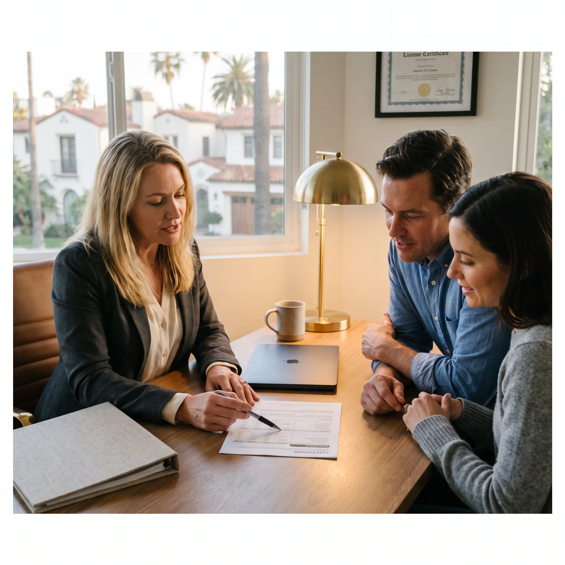 Mortgage professional reviewing loan fees with a Beverly Hills homebuyer