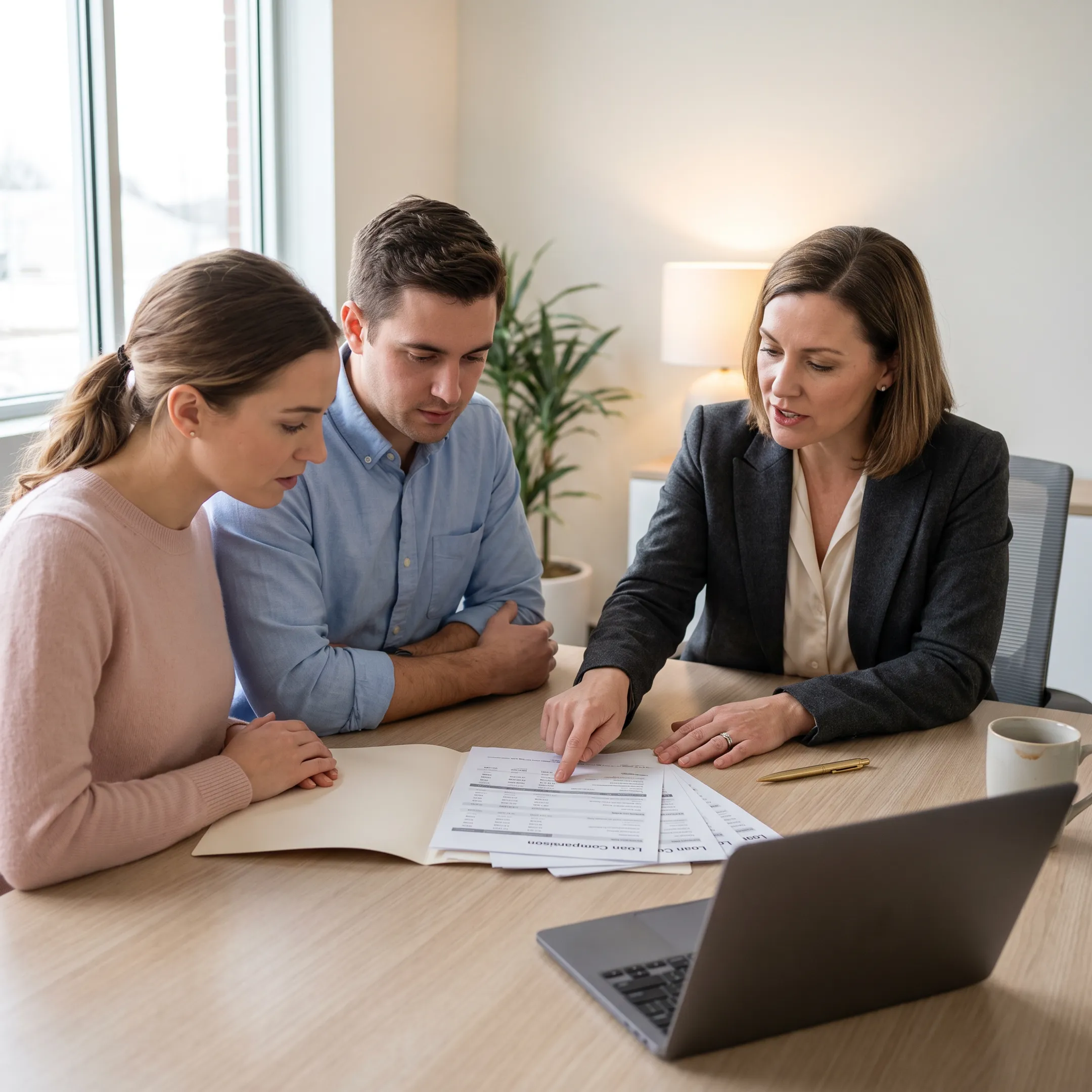 Mortgage broker explaining home financing options to first-time buyers