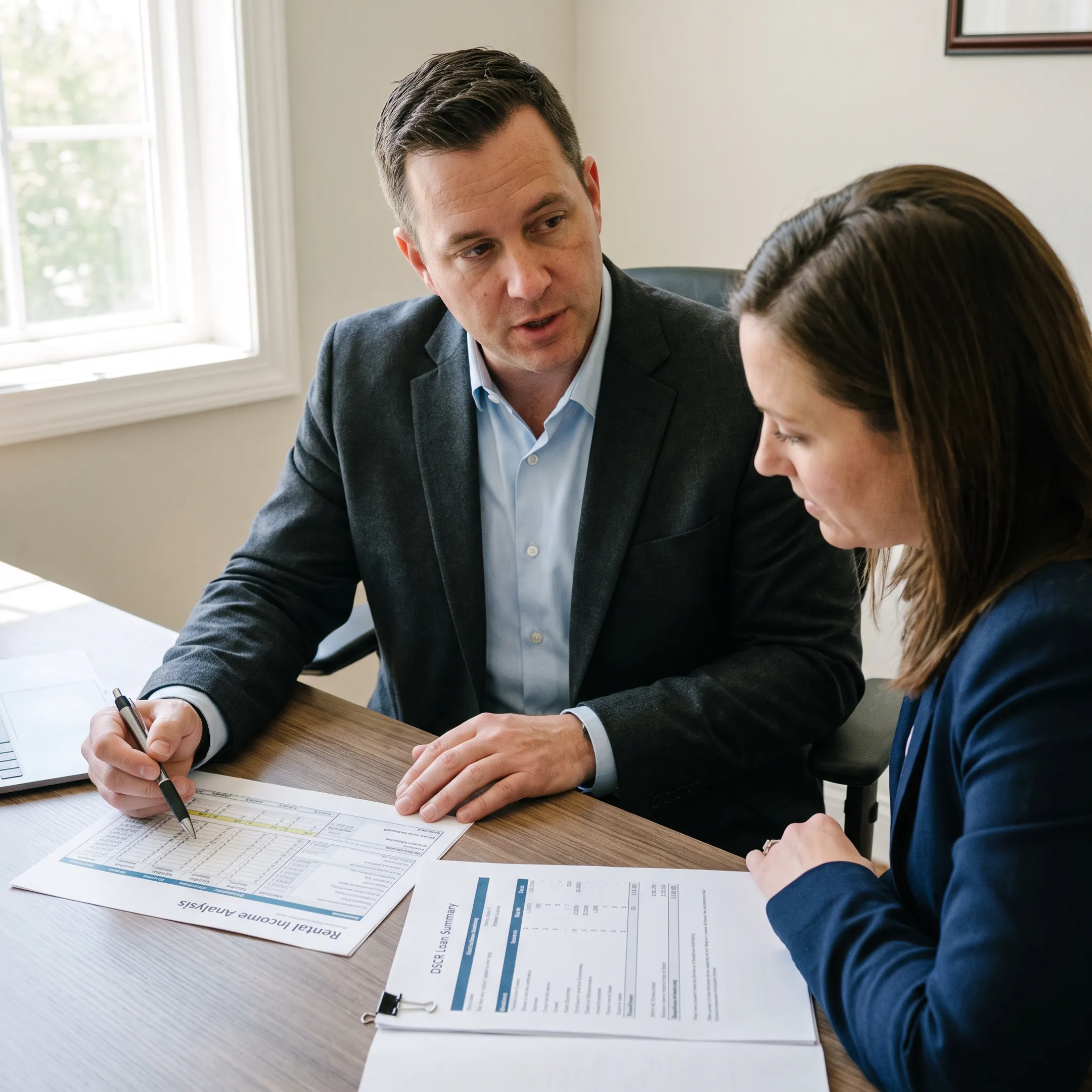 Mortgage advisor explaining DSCR loan analysis to real estate investor
