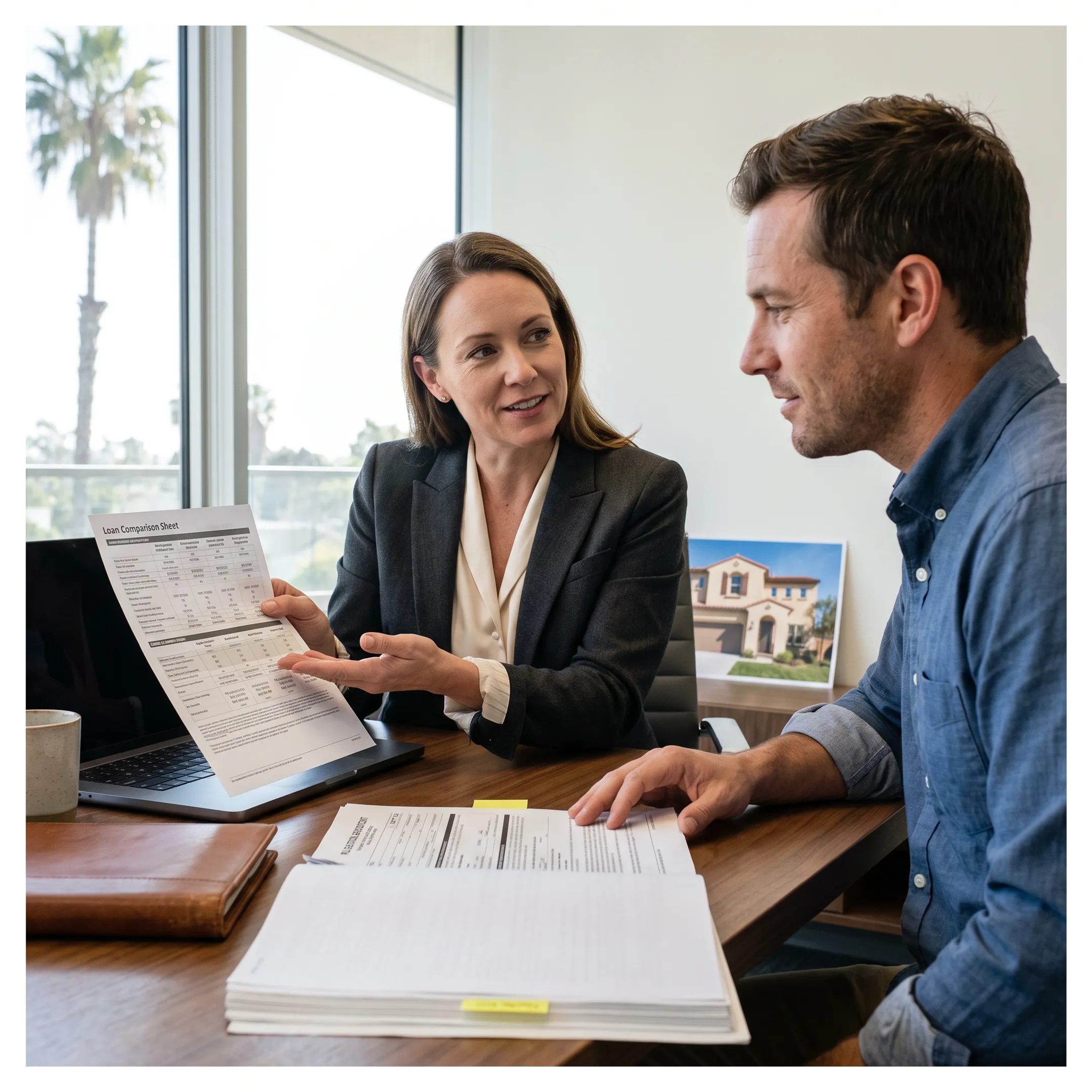 Mortgage advisor reviewing home loan documents with a Santa Clarita homebuyer
