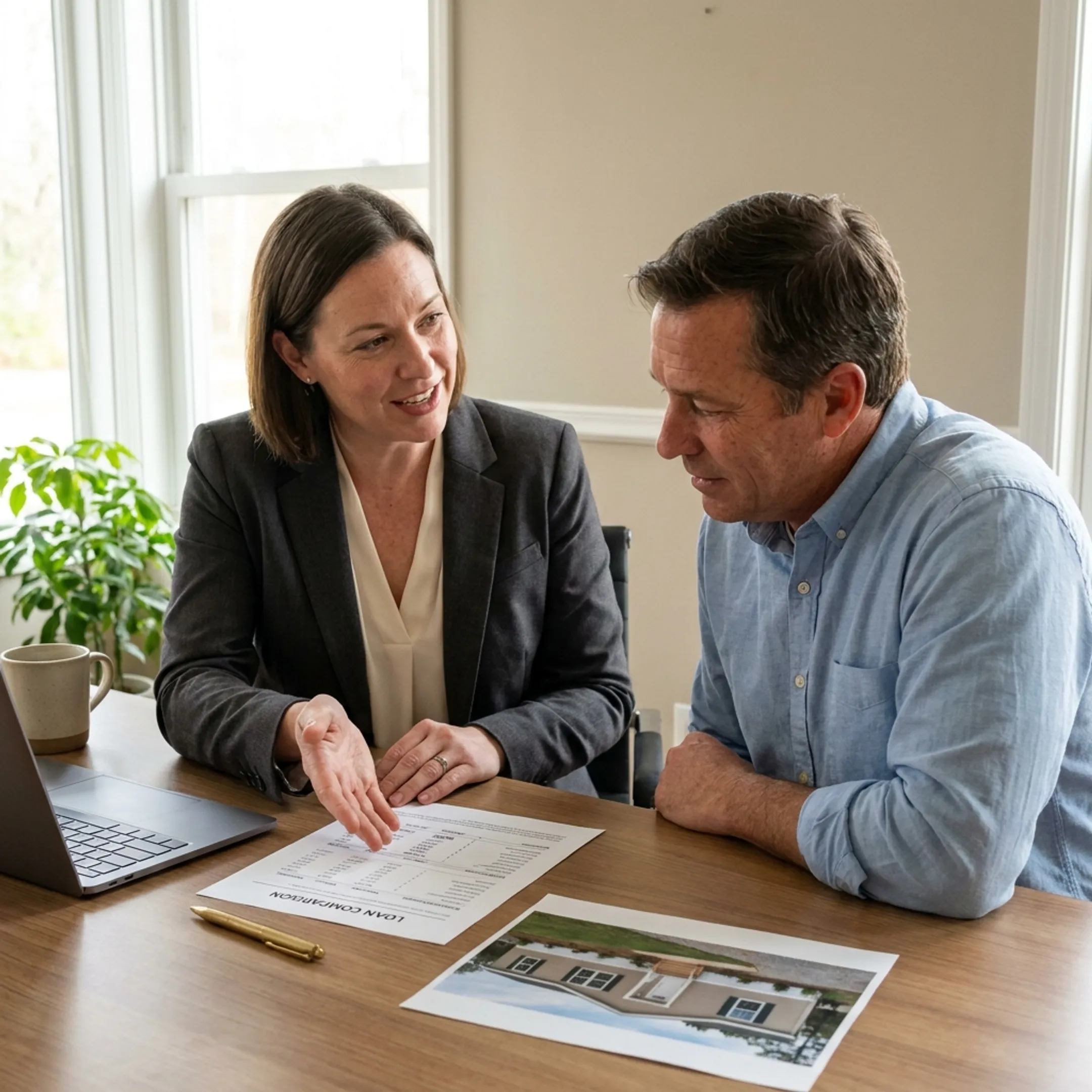 Advisor explaining FHA mortgage eligibility to a homebuyer