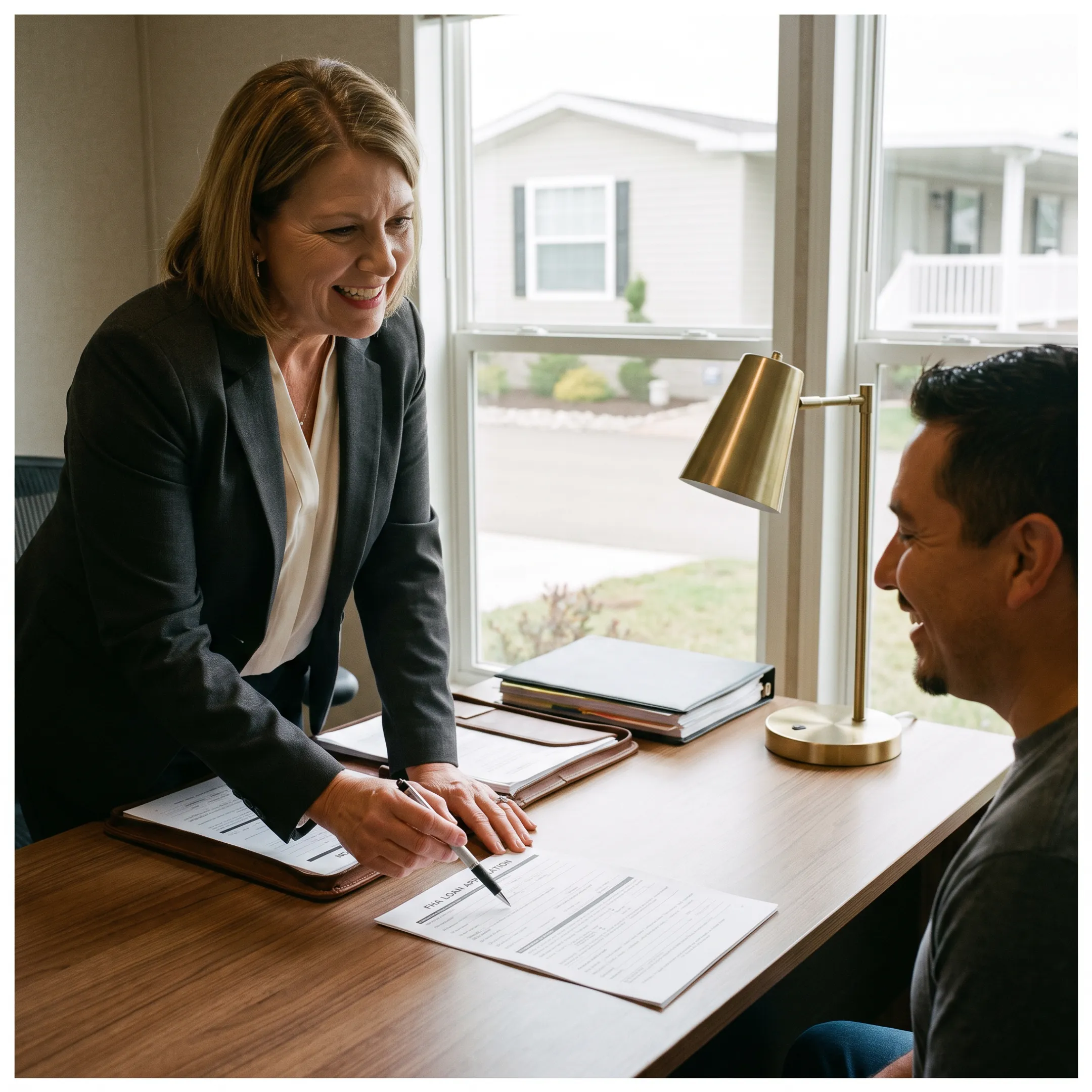 Mortgage professional discussing FHA financing for a manufactured home with a borrower