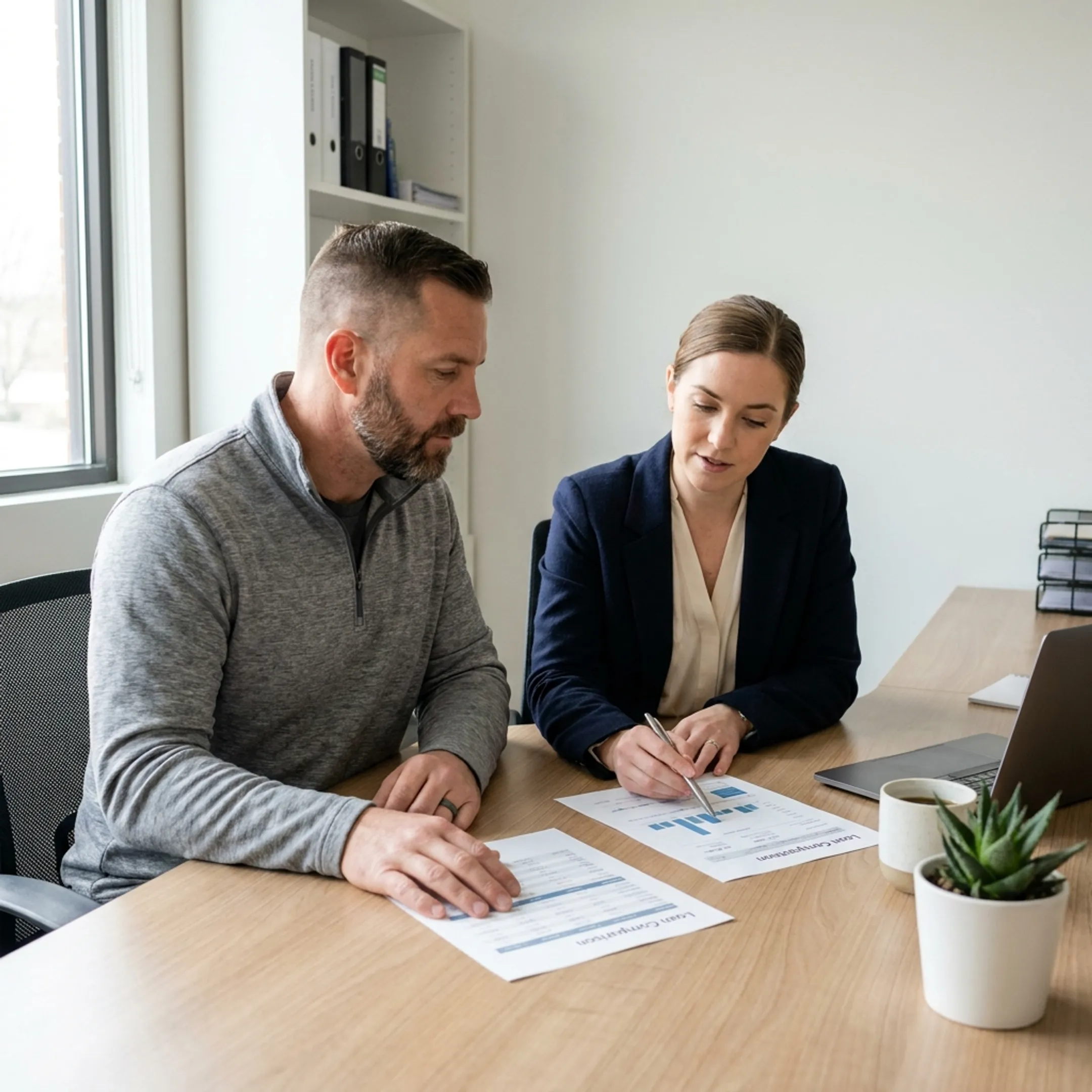 Veteran comparing mortgage choices with a lending advisor