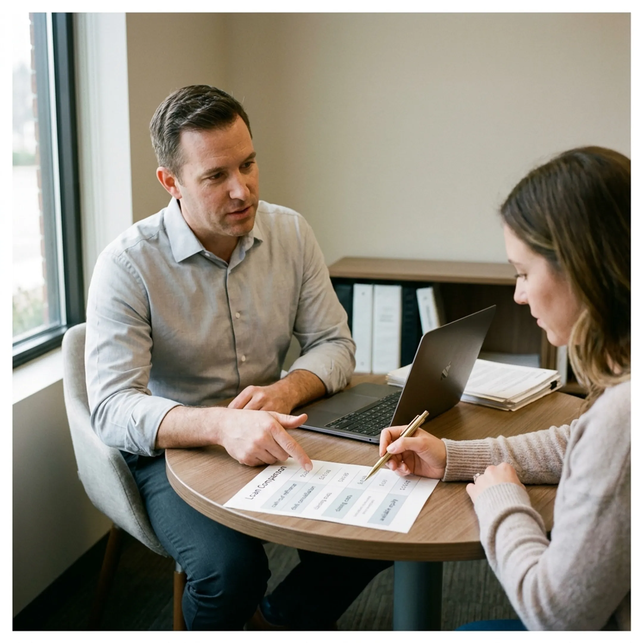 Mortgage advisor explaining home equity refinance options to homeowner