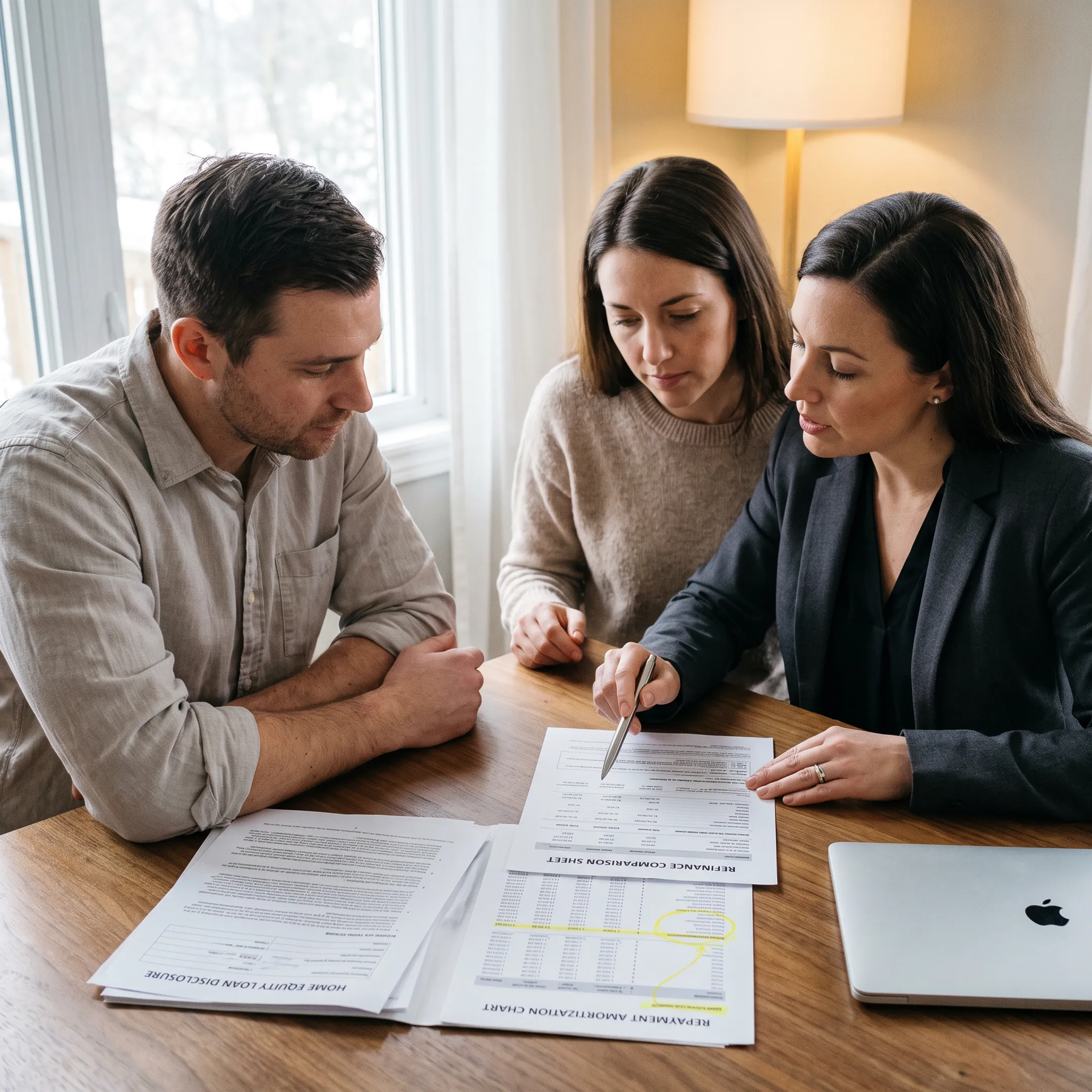 Homeowner reviewing home equity loan comparison documents with mortgage advisor