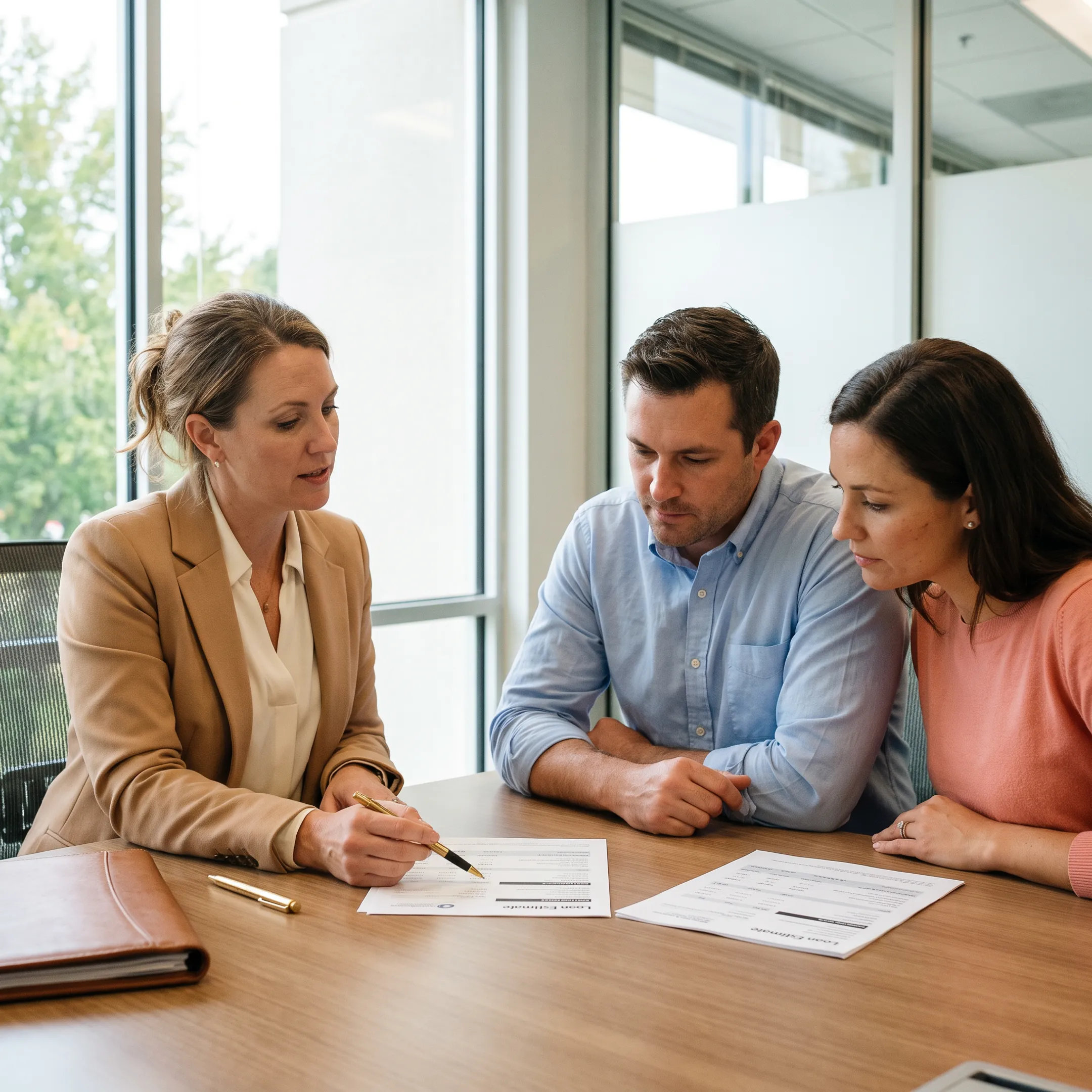 Mortgage professional discussing home loan options with a couple at a table