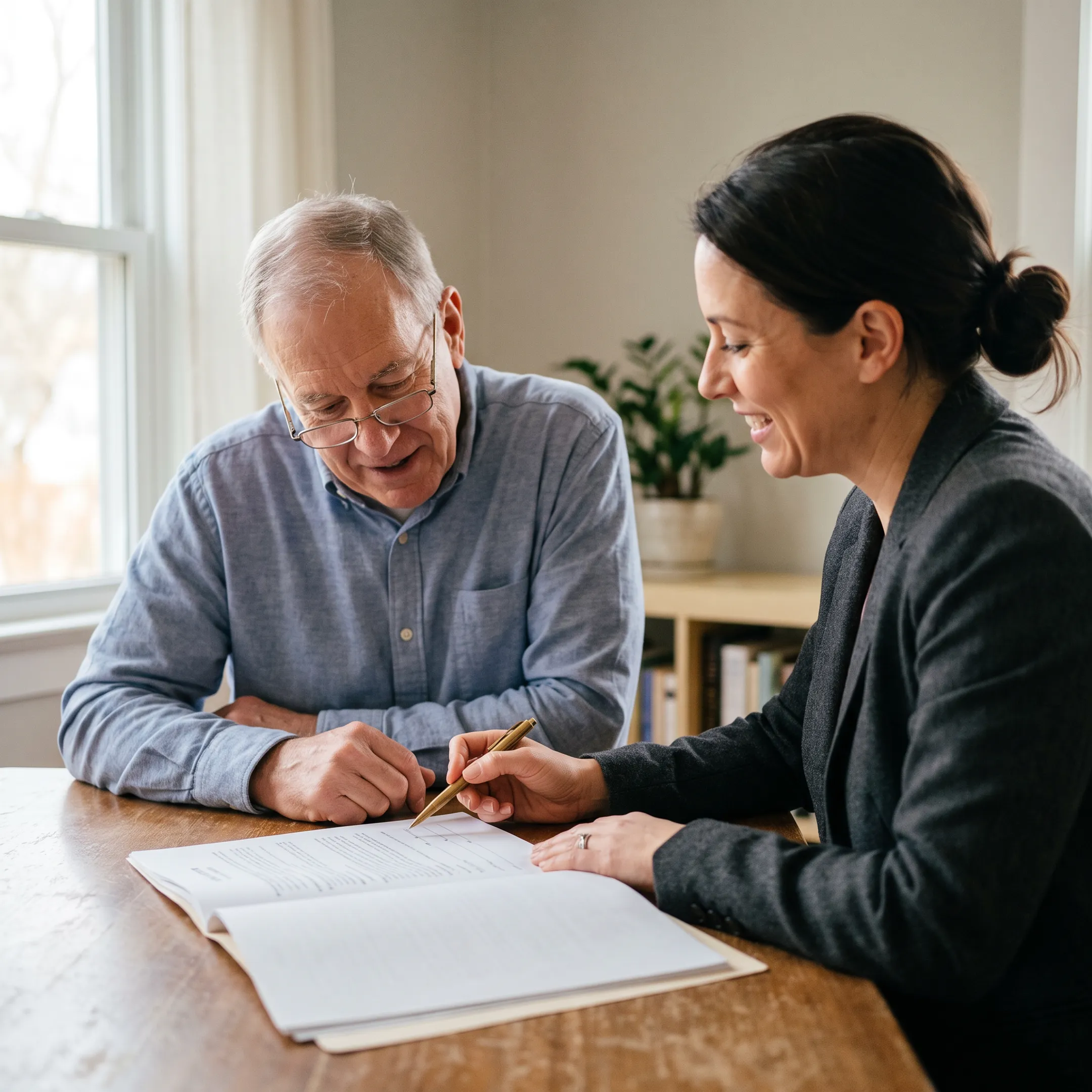 Sacramento senior homeowner reviewing reverse mortgage documents with a mortgage advisor