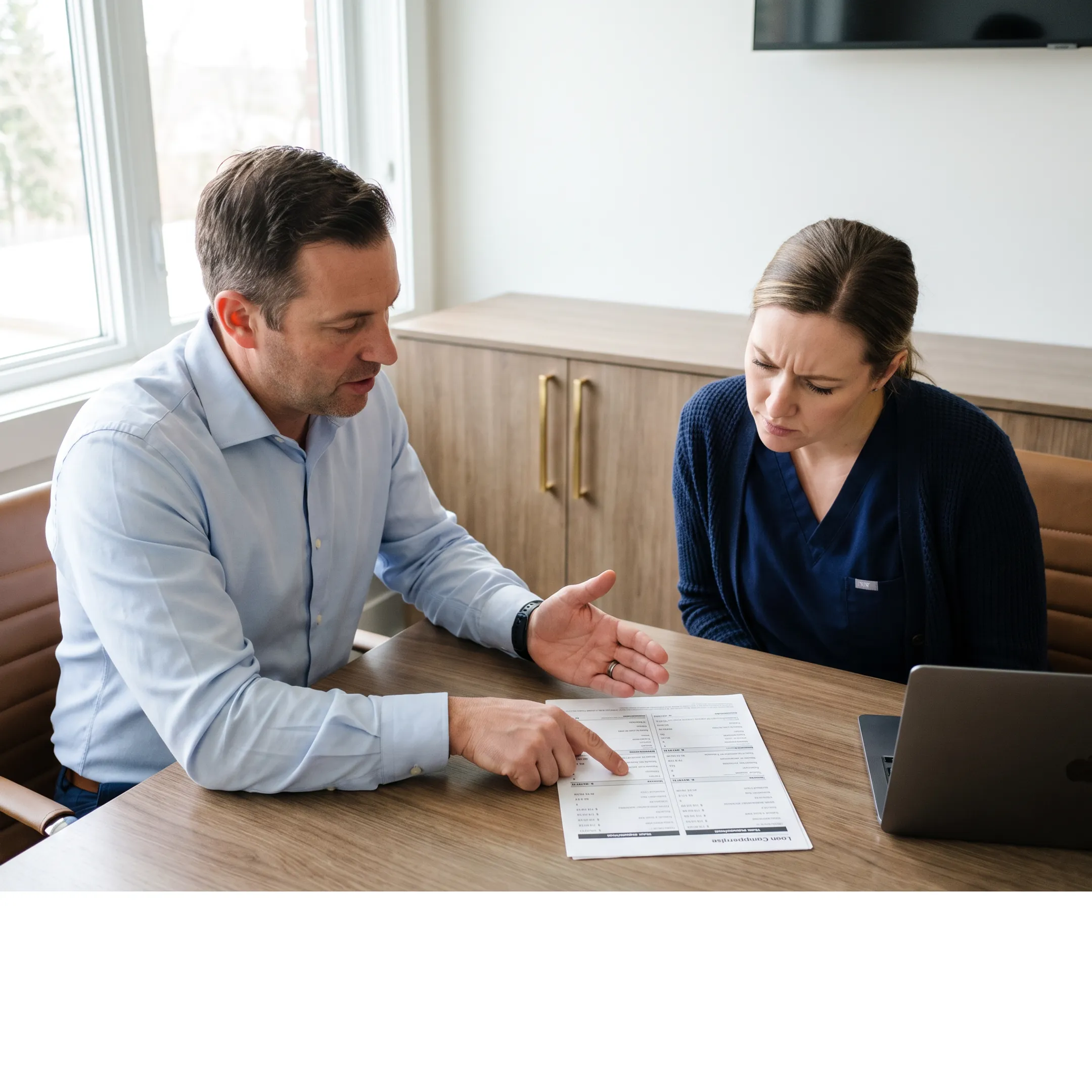 Mortgage advisor explaining FHA and conventional loan choices to a nurse
