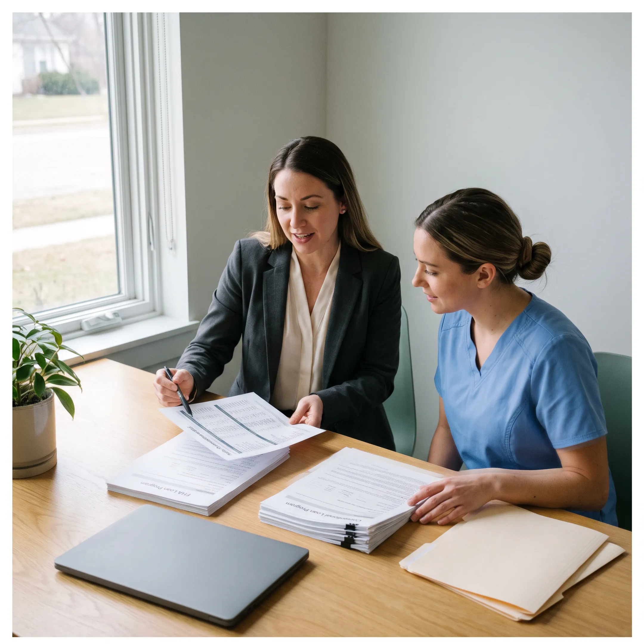 Nurse reviewing FHA and conventional mortgage documents with a loan professional