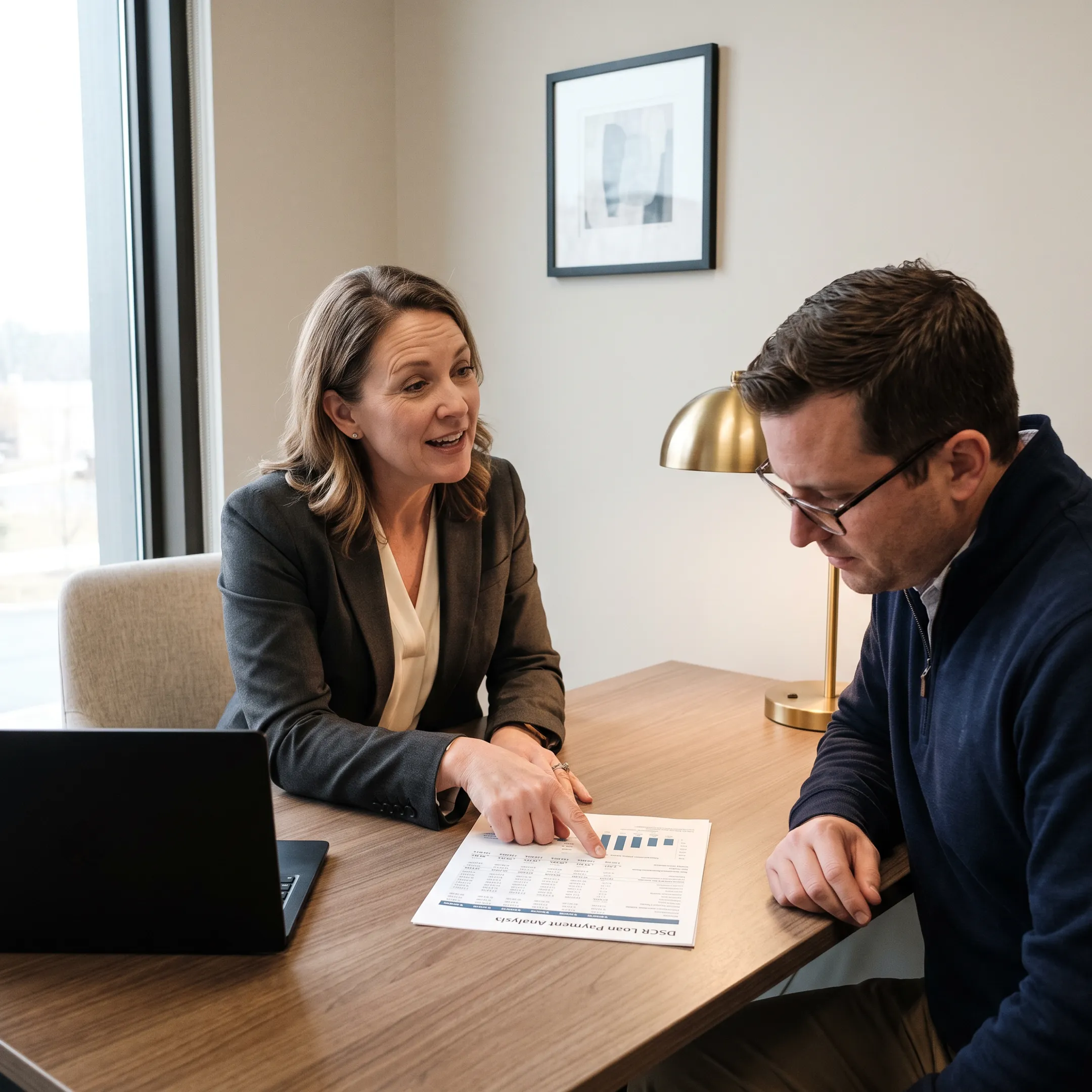 Mortgage professional explaining DSCR rental property payment analysis to an investor