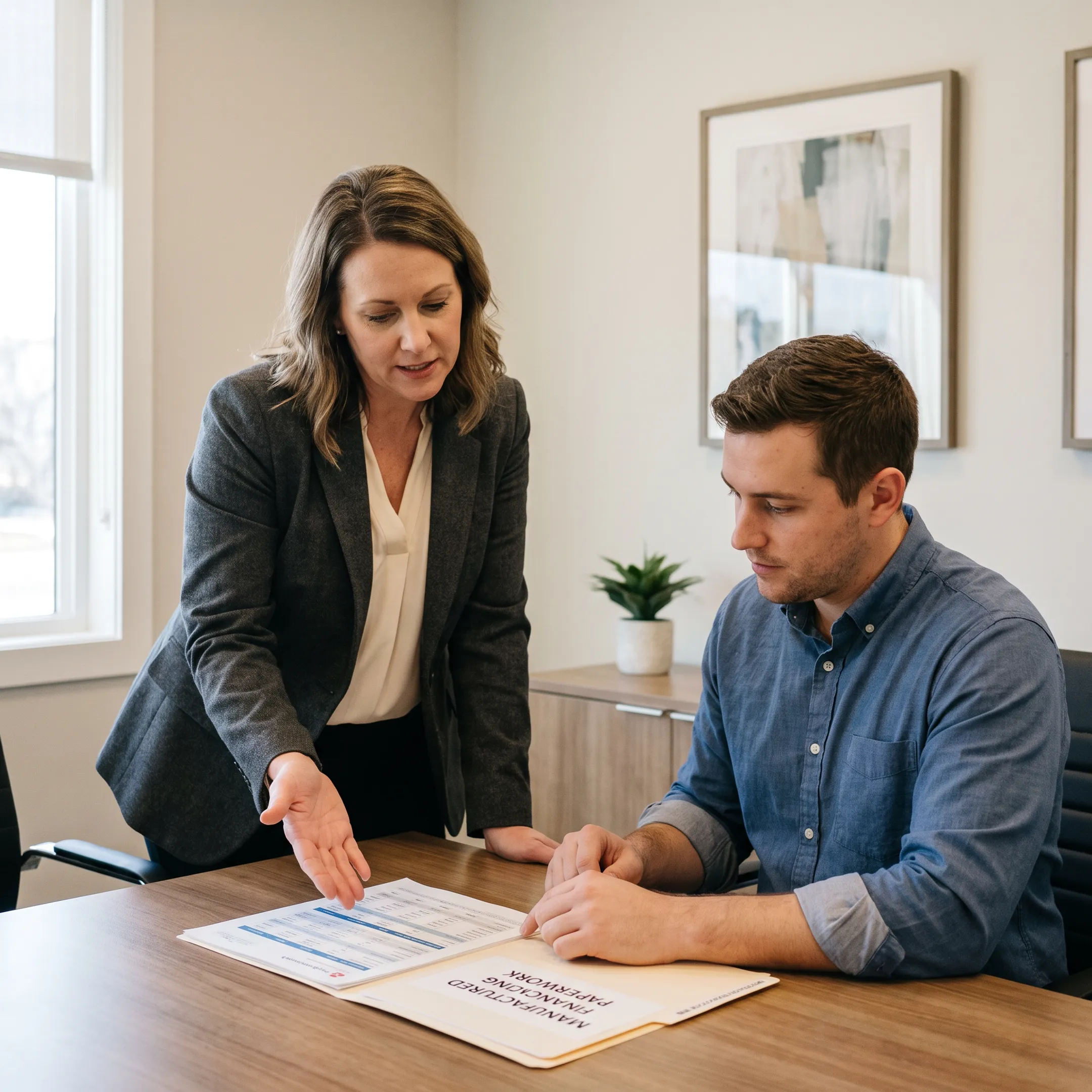 Advisor explaining manufactured home mortgage choices to homebuyer