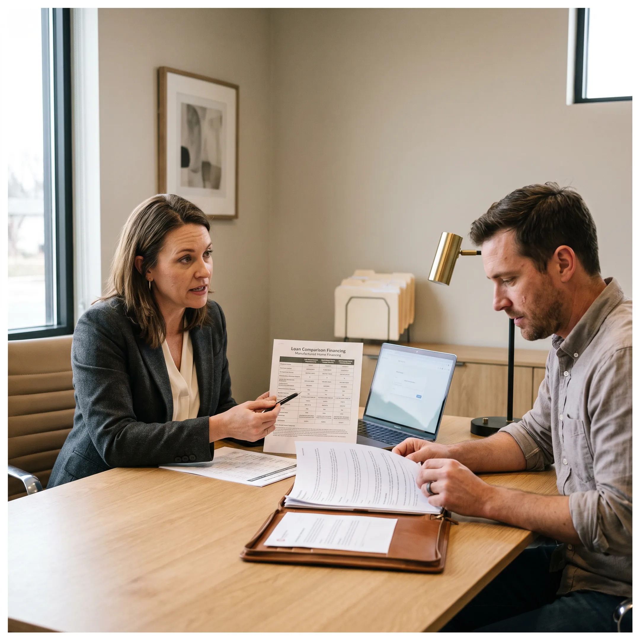 Mortgage advisor discussing manufactured home financing options with a prospective buyer