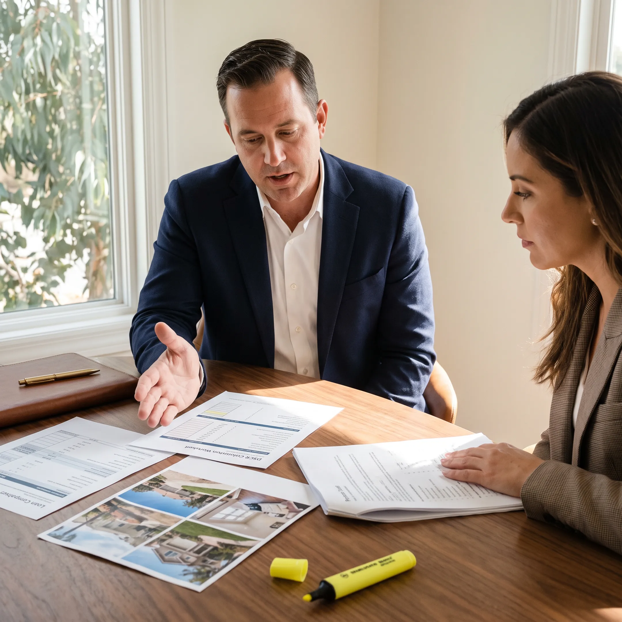 Mortgage advisor explaining specialized California investment property financing