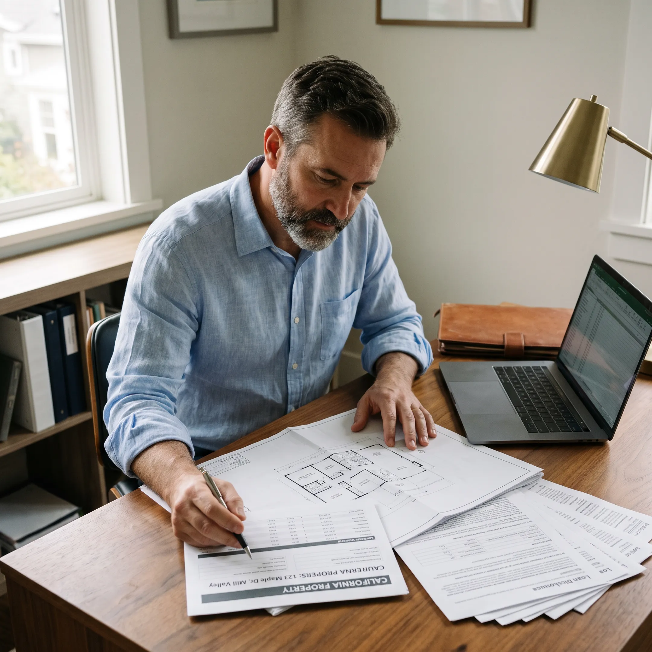 California real estate investor reviewing property financing documents with a mortgage advisor