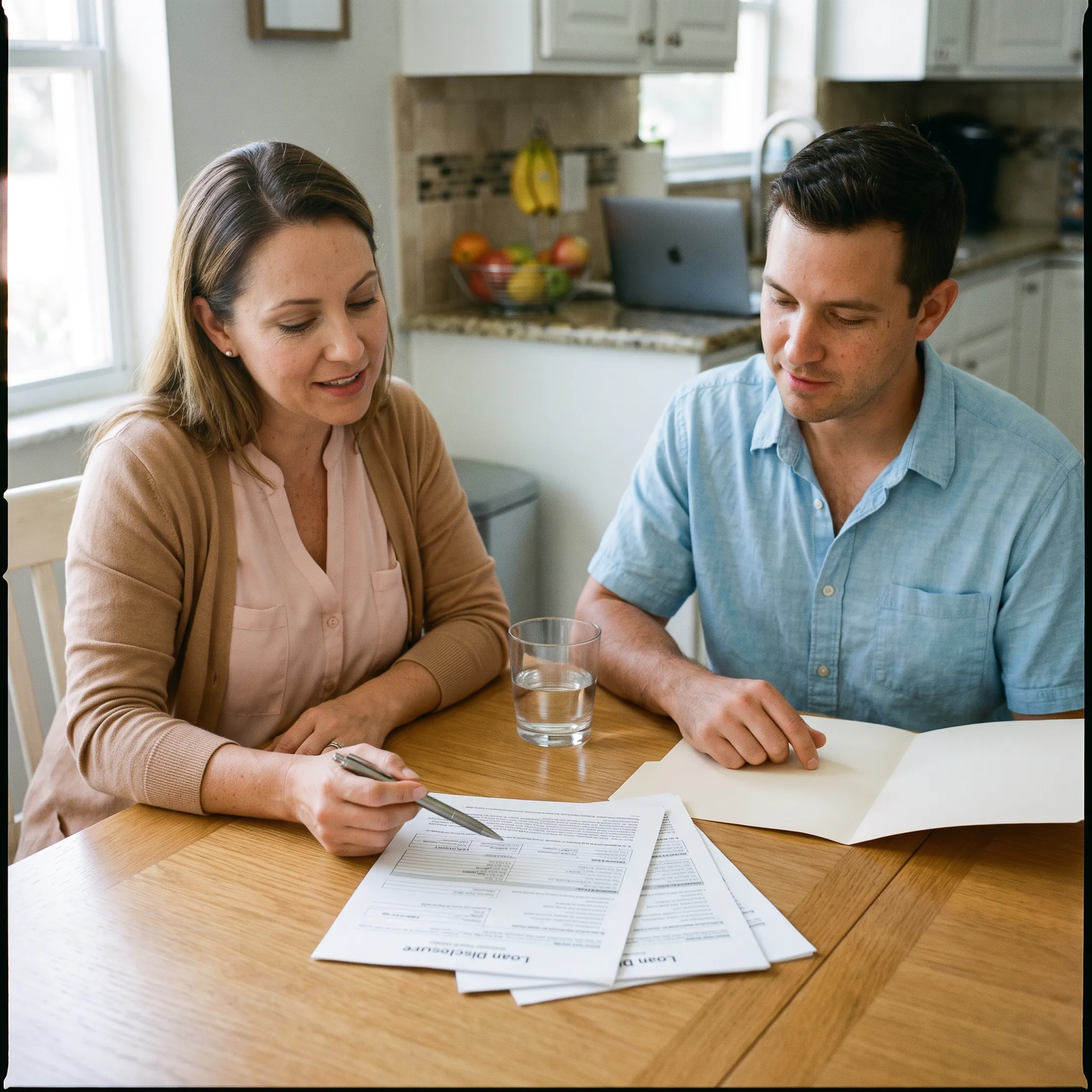 Mortgage broker meeting with Florida homebuyer at a kitchen table