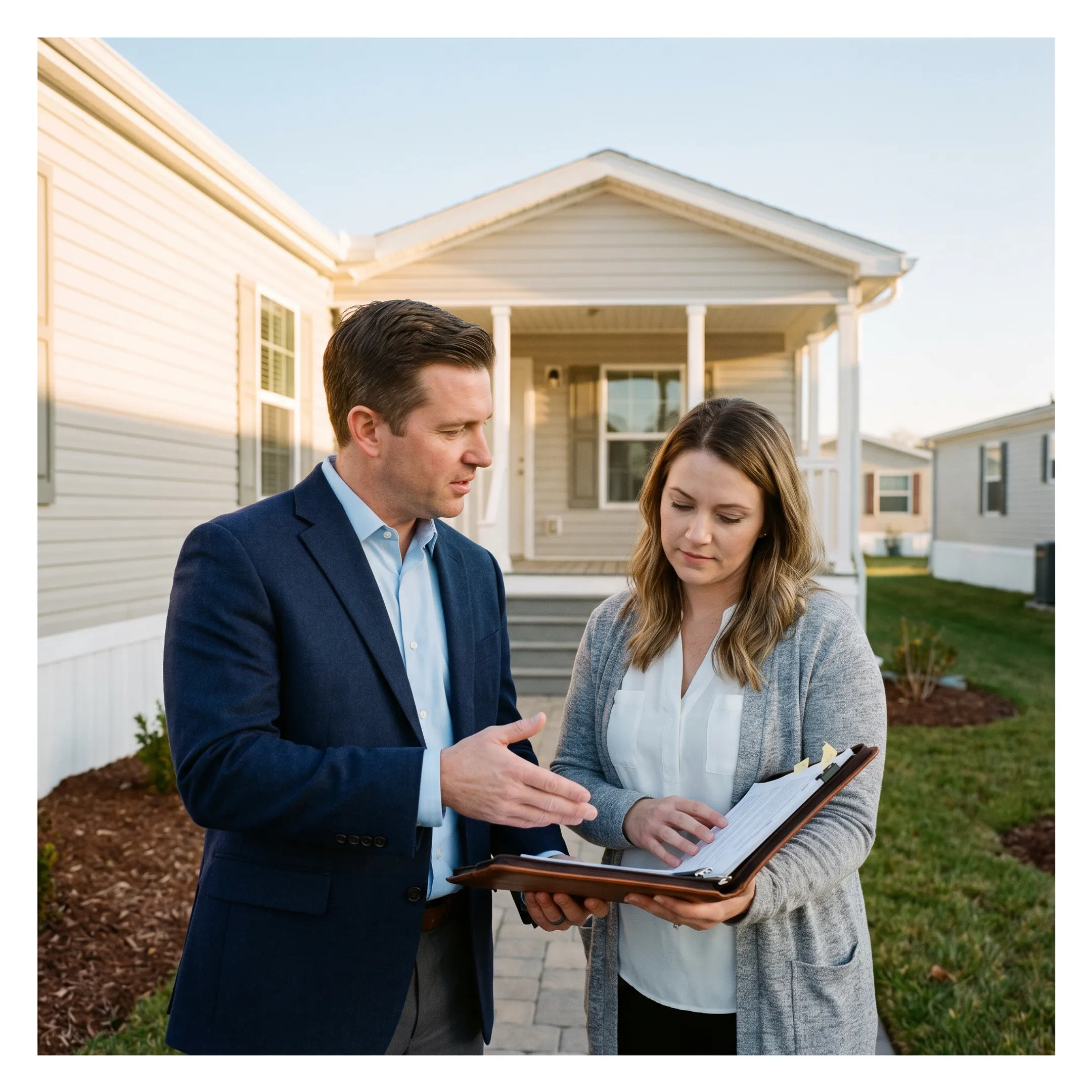 Manufactured home in a residential park with a borrower reviewing mortgage documents