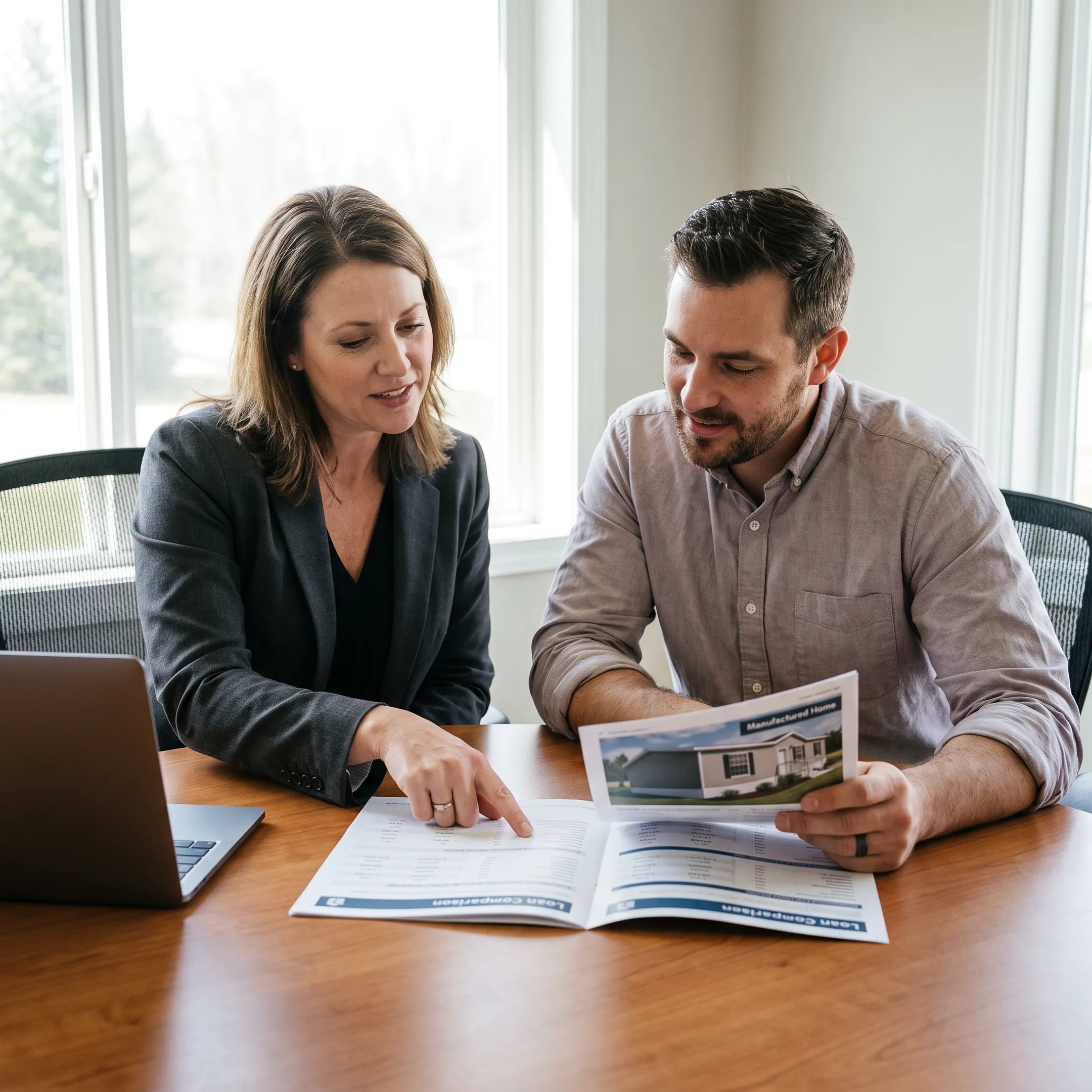 Mortgage advisor explaining manufactured home financing options to a borrower