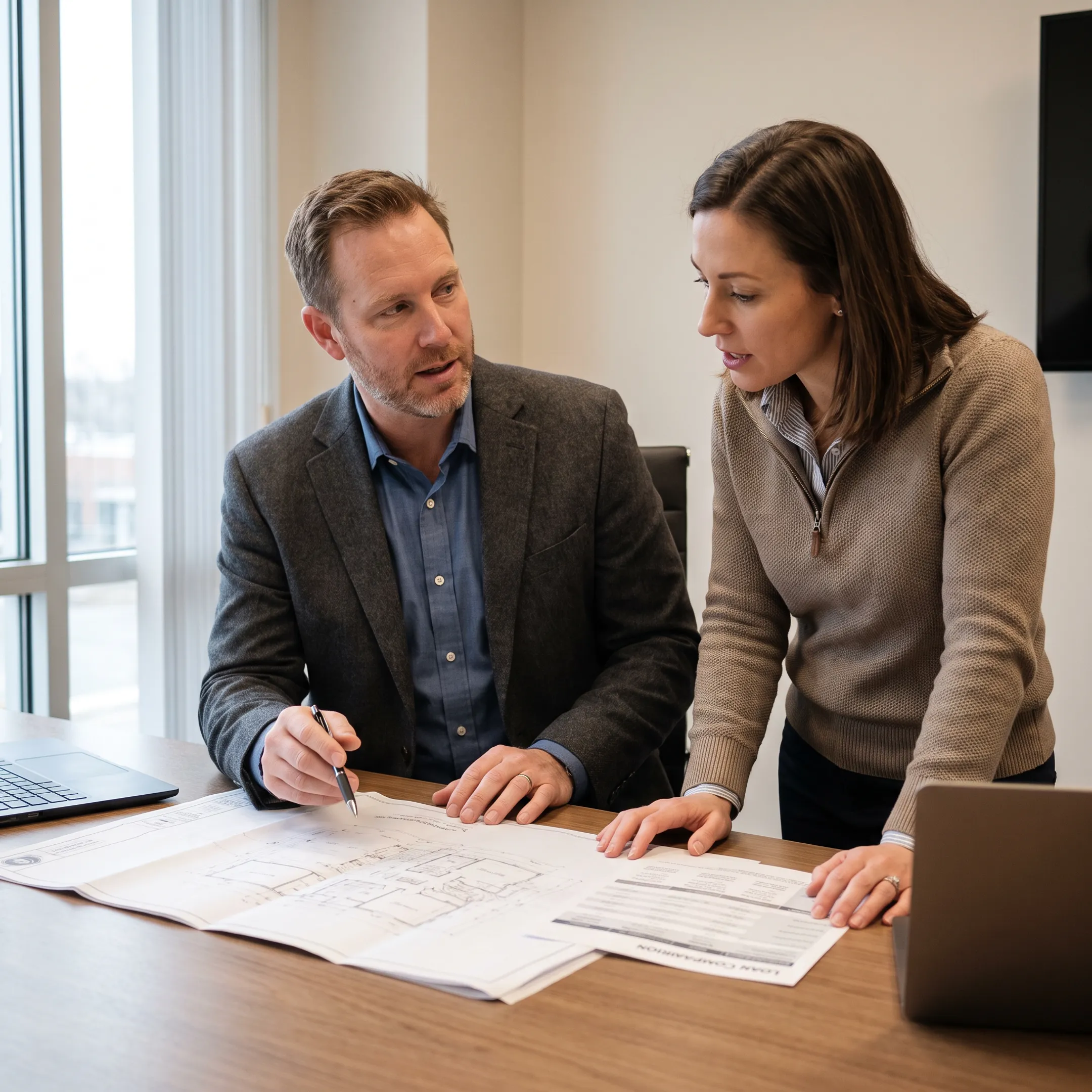 Mortgage professional reviewing construction investment loan options with a real estate investor