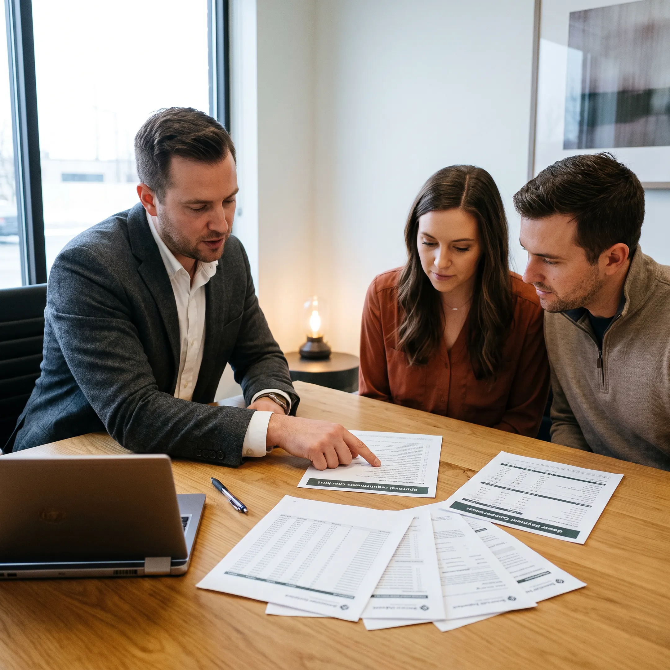 Mortgage advisor explaining owner occupied loan approval options to homebuyers