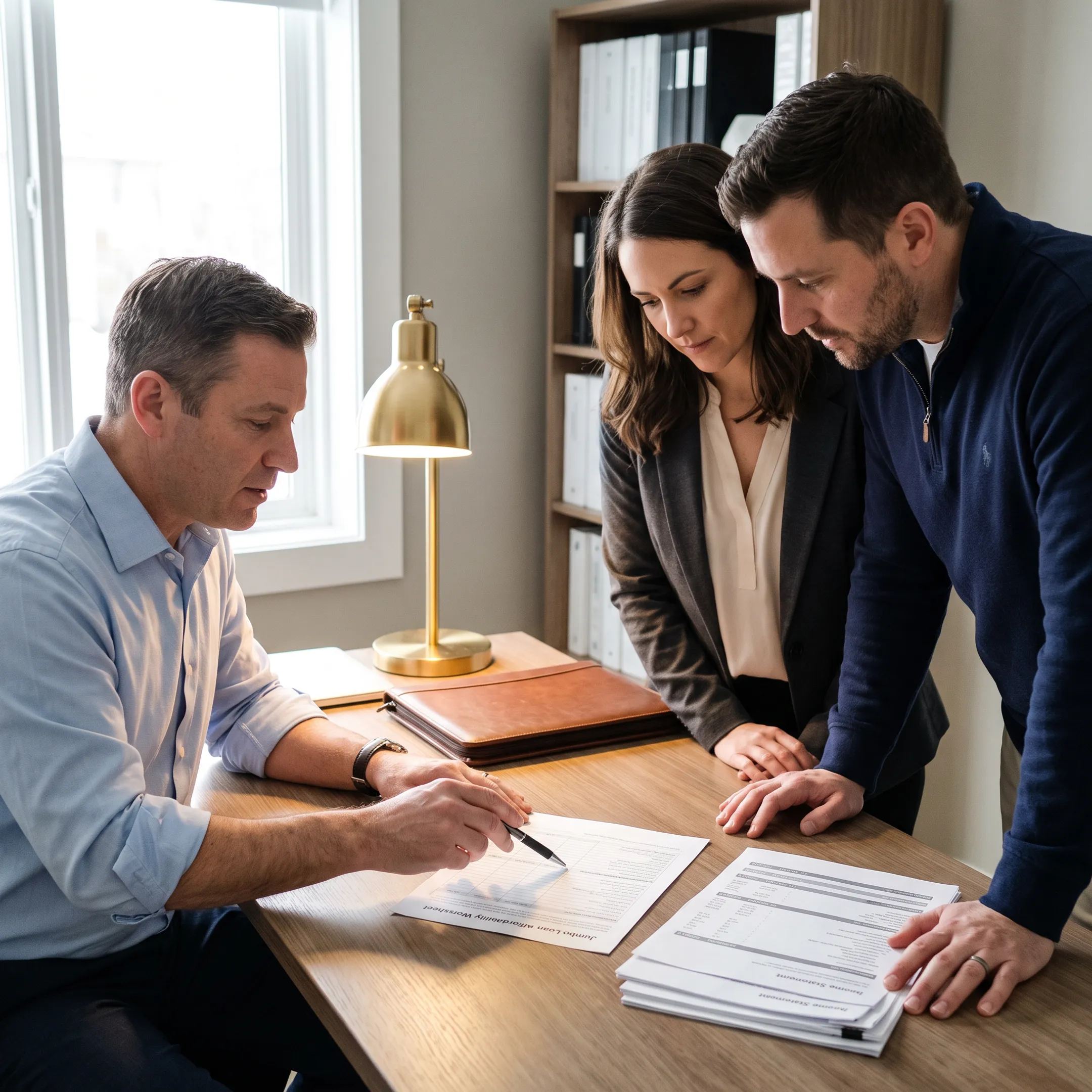 Mortgage professional reviewing Georgia jumbo loan affordability documents with a homebuyer