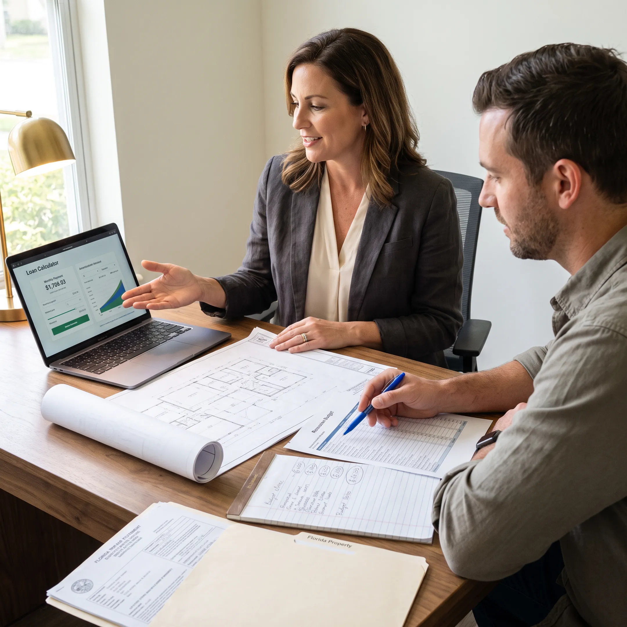 Advisor explaining Florida construction financing calculator results