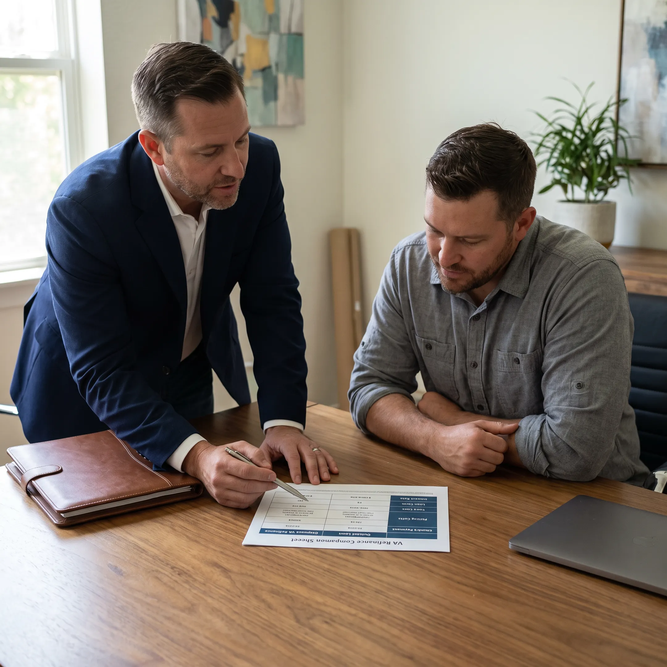 Mortgage professional explaining VA refinance savings and closing costs