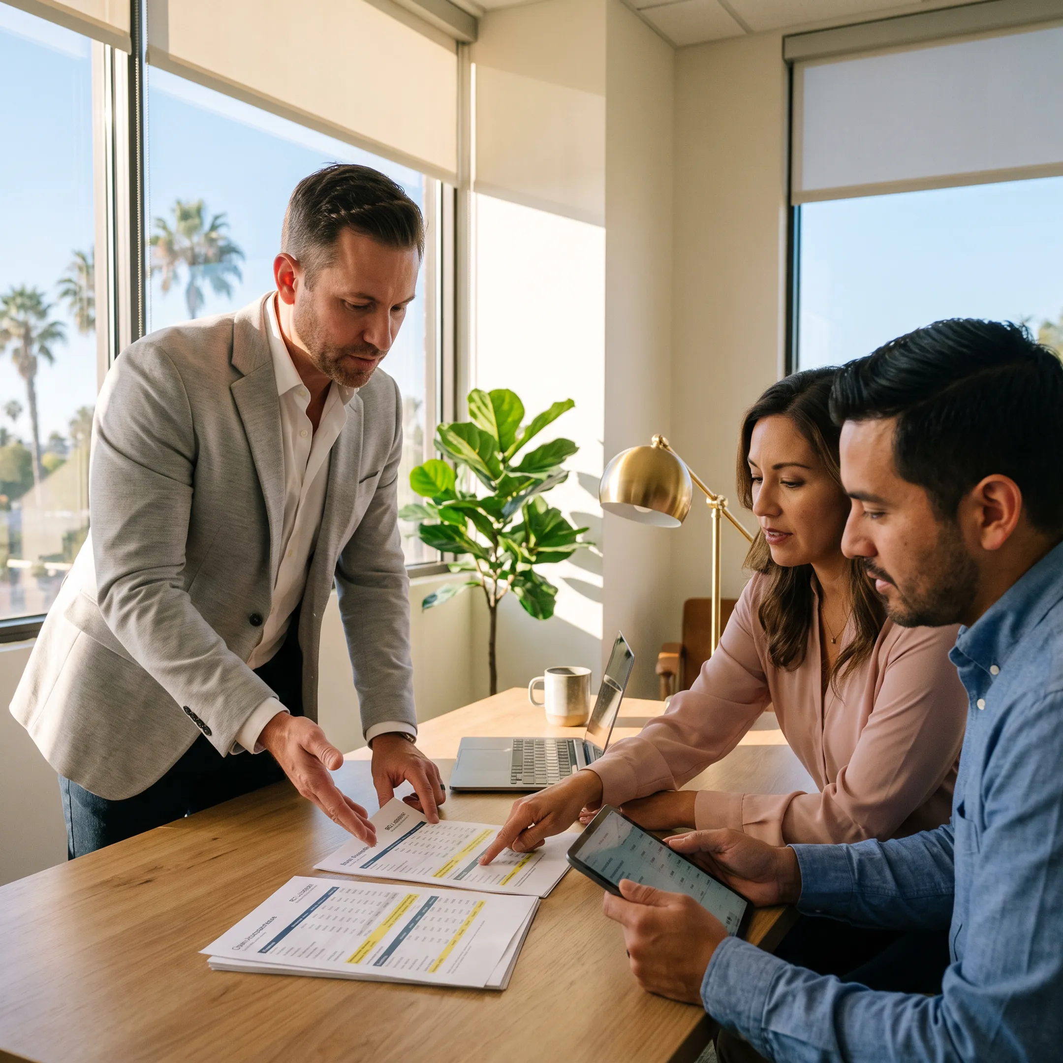 Mortgage professional reviewing home financing documents with California homebuyers