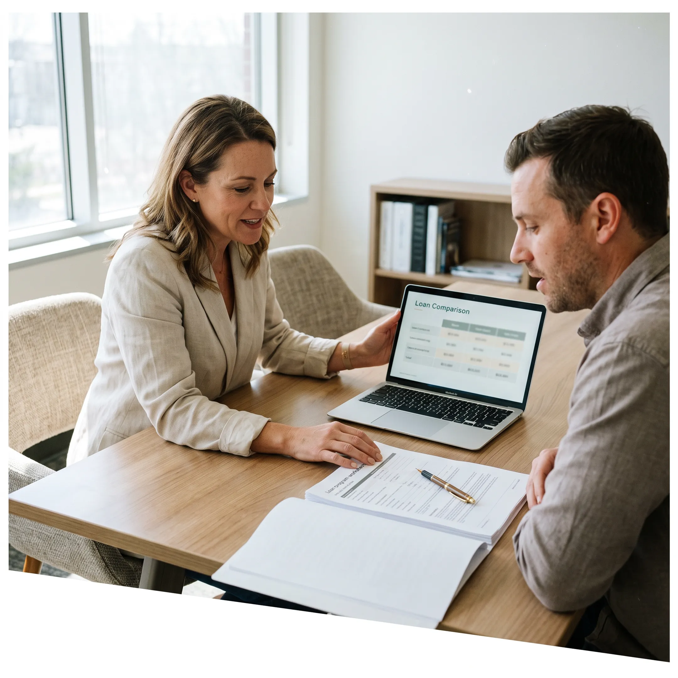 Mortgage advisor explaining financing choices to a homebuyer