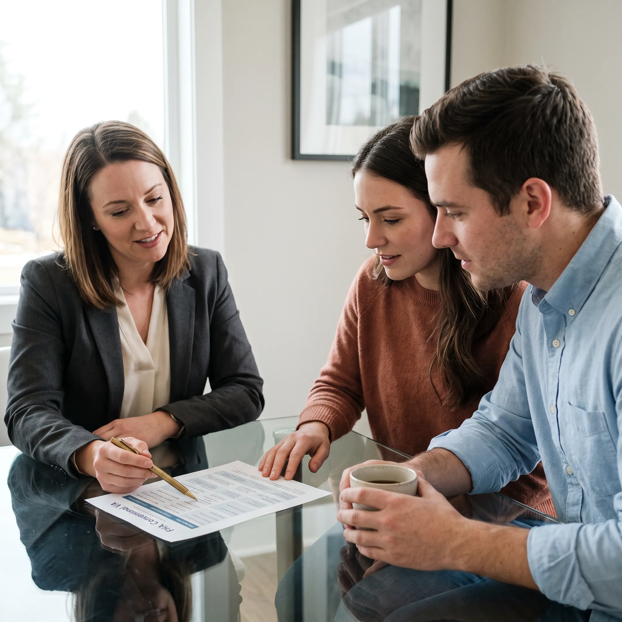 First-time homebuyers discussing mortgage options with a loan professional