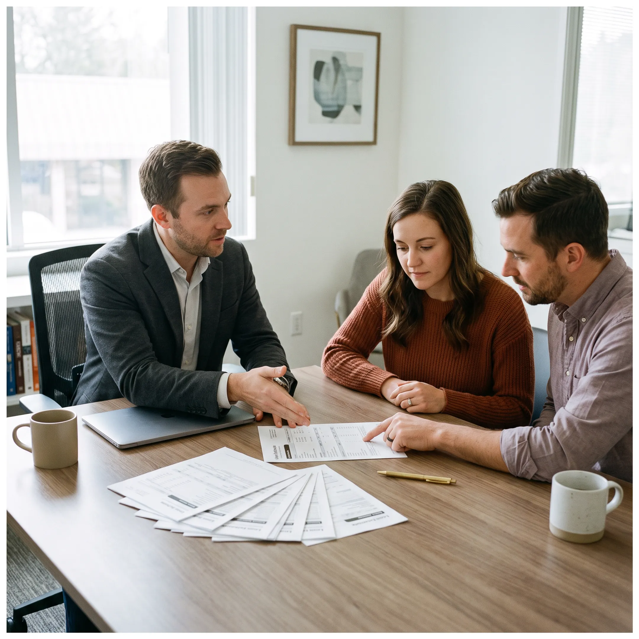 Mortgage broker meeting with first-time homebuyers reviewing home financing documents
