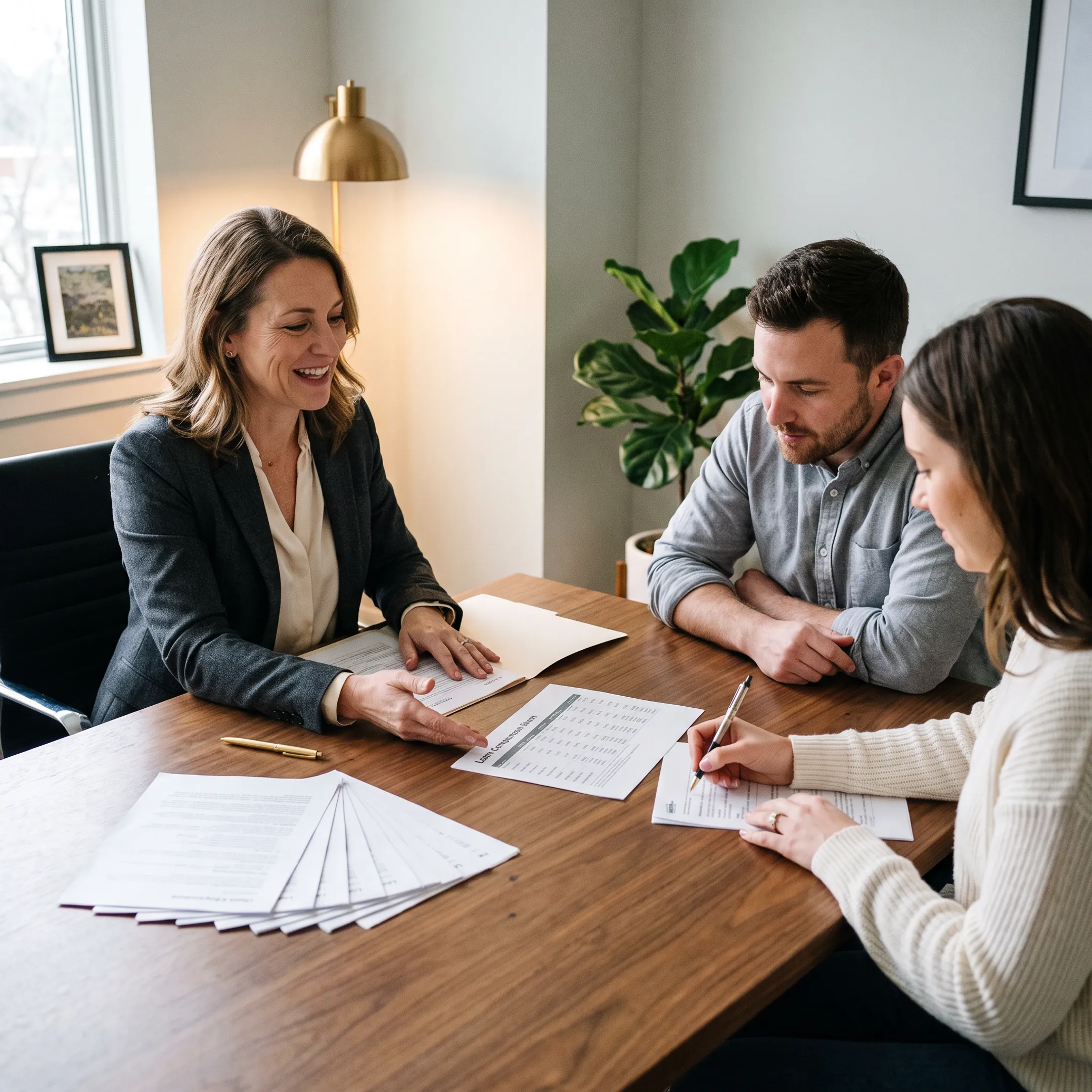 Mortgage advisor discussing personalized financing options with homebuyers