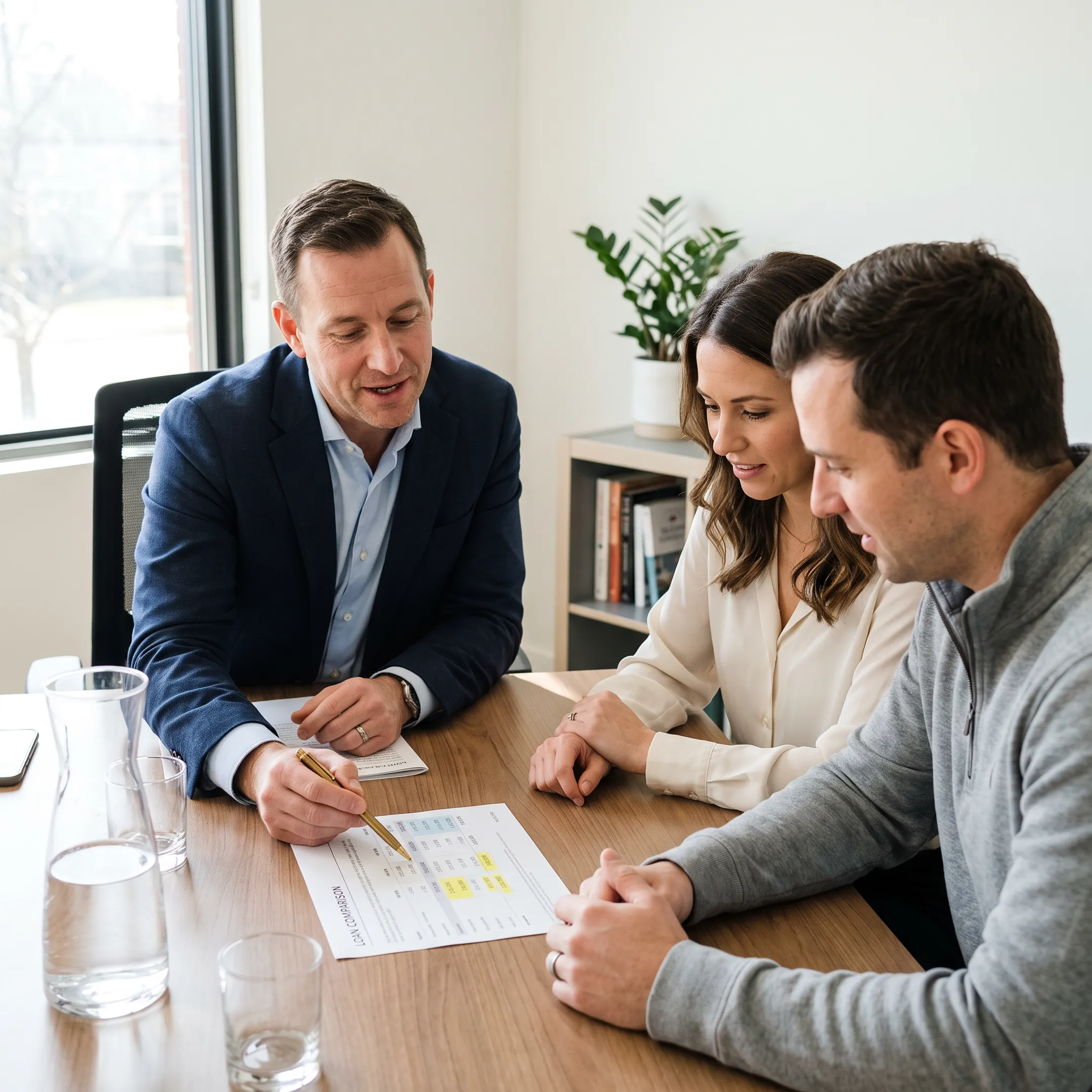 Mortgage professional explaining home loan options to a couple at a desk