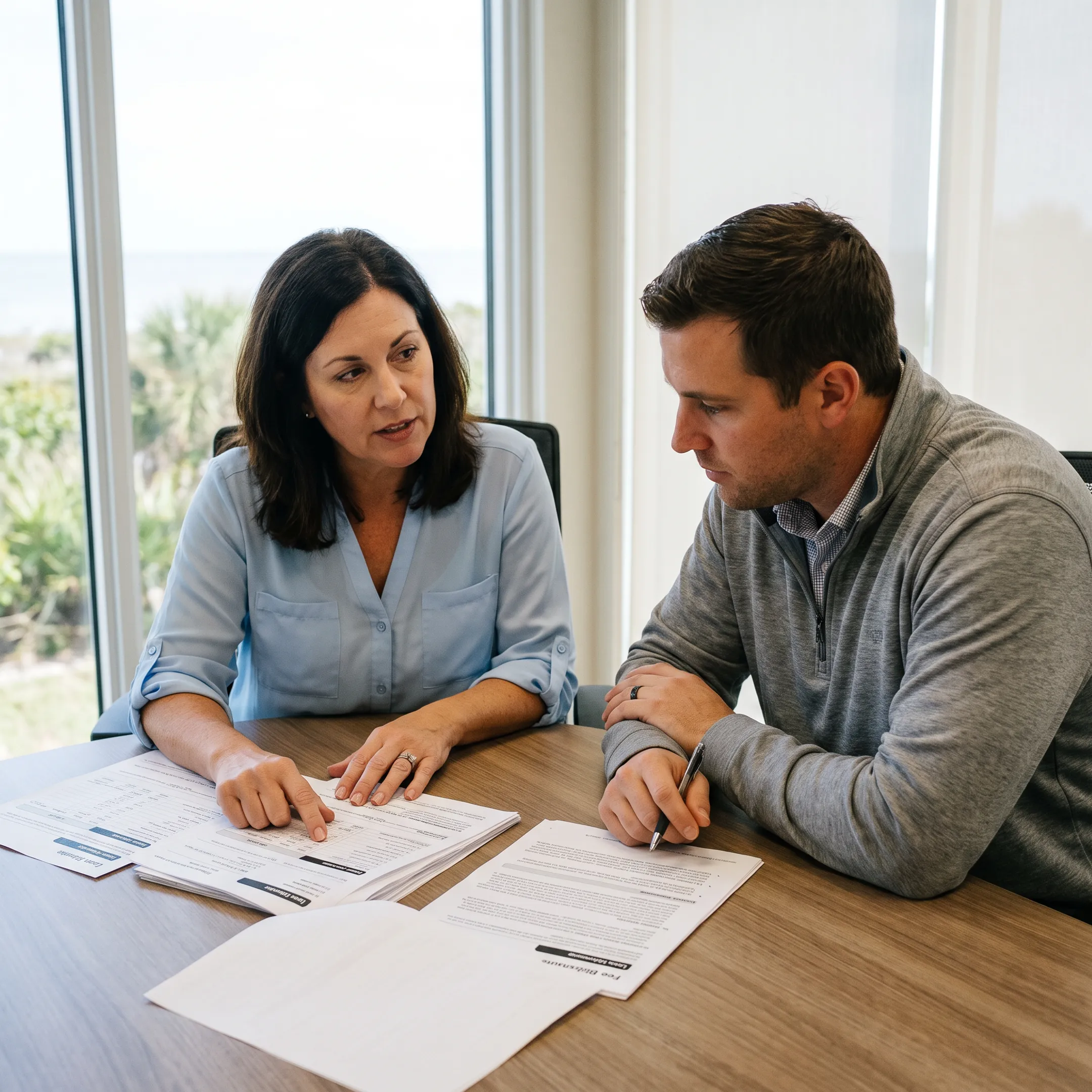 Mortgage professional reviewing loan fee documents with a Florida homebuyer