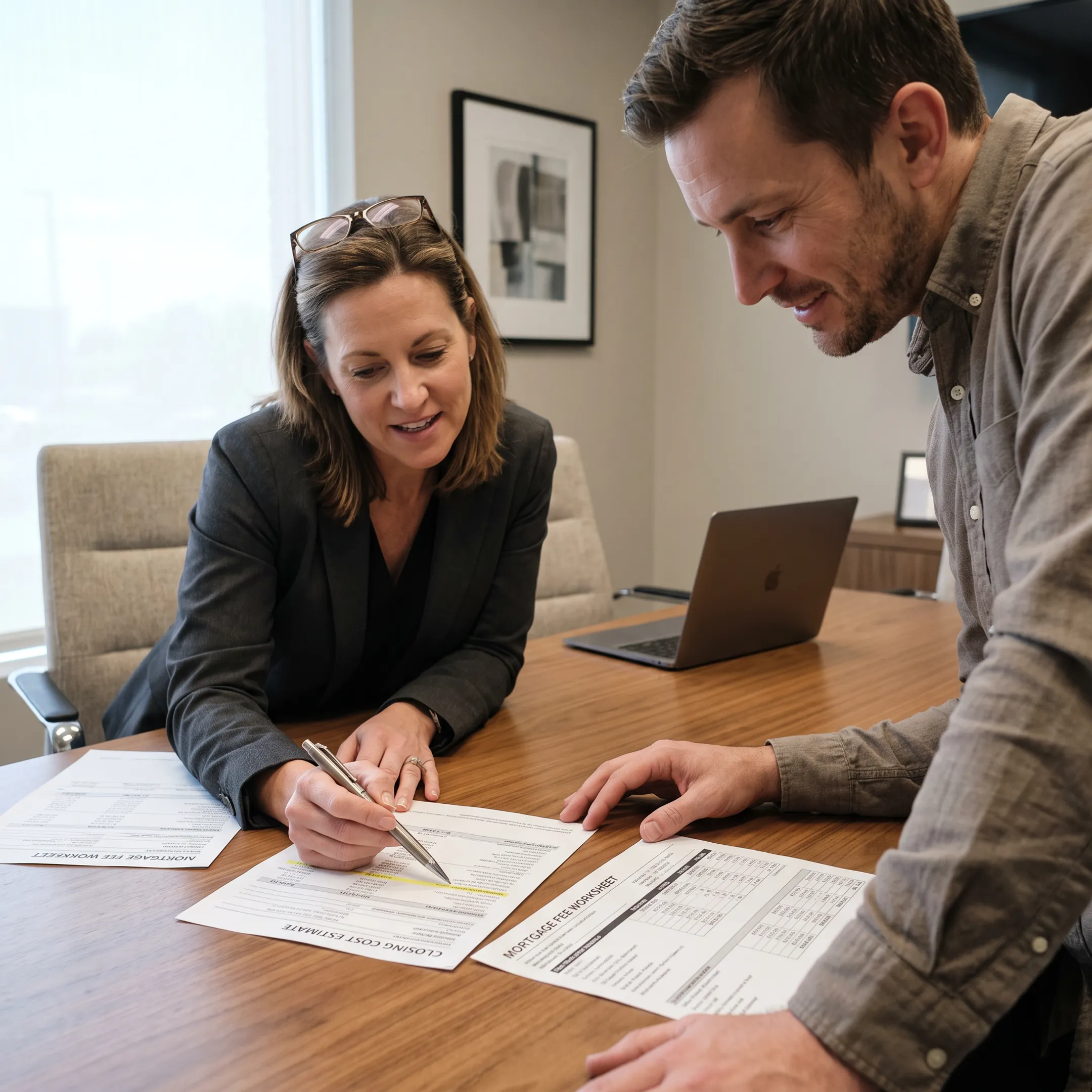 Homebuyer comparing mortgage fee estimates with a broker